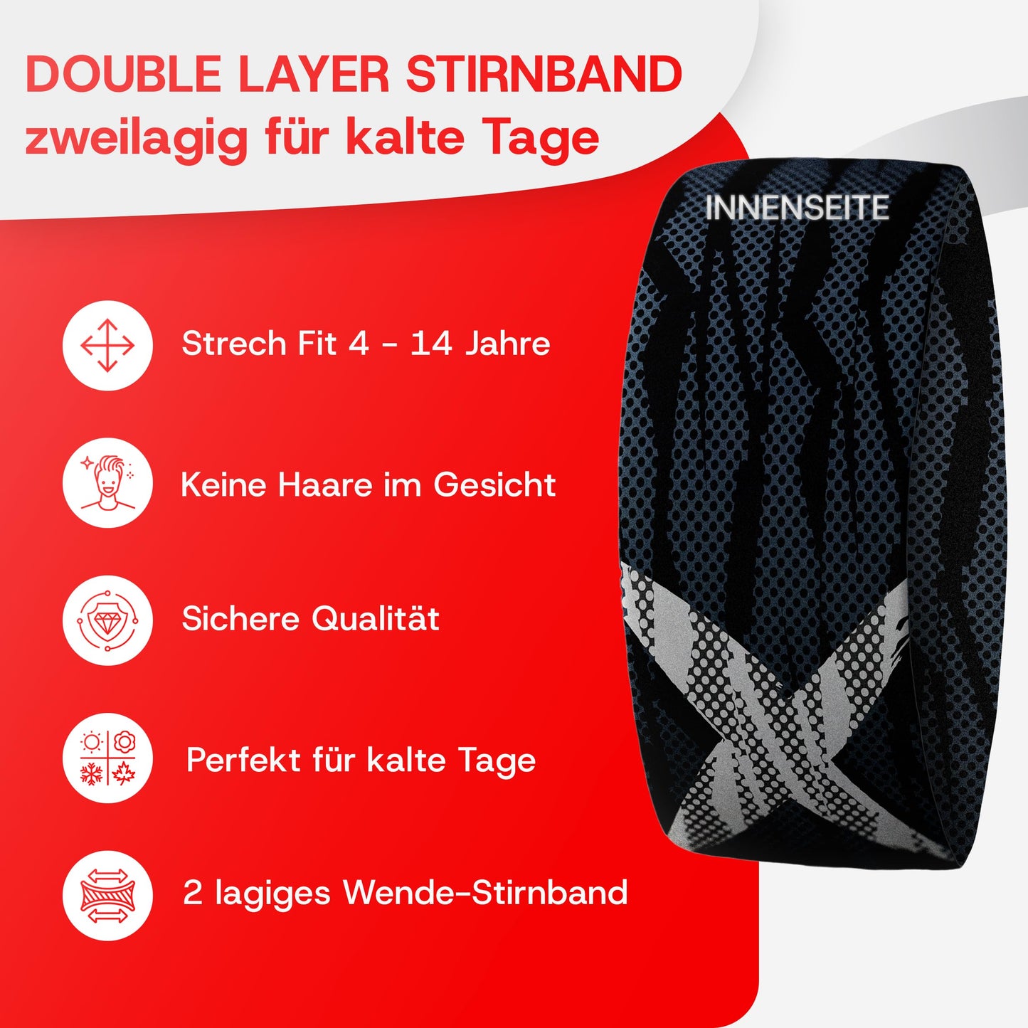 Junior 4-14 Jahre Sport Stirnband zum Wenden, 2-lagig für kalte Temperaturen, schnelltrocknend, Headband, Ohrenschützer, Schweißband, Haarband, Kopfband, Wandern, Laufen, Rad, Ski