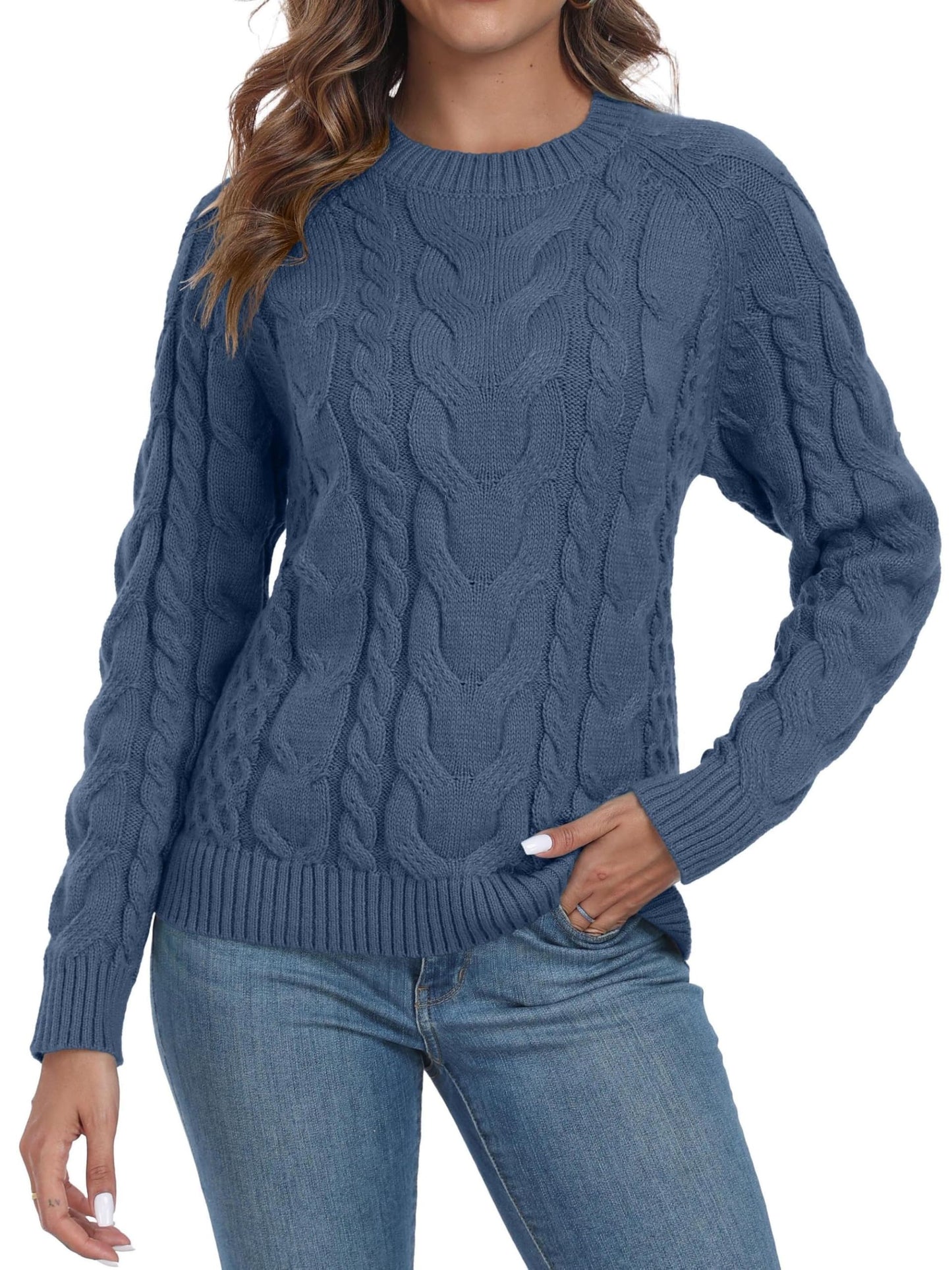 QIXING Women's Cable Knit Sweater – Elegant Long Sleeve Round Neck Winter Pullover
