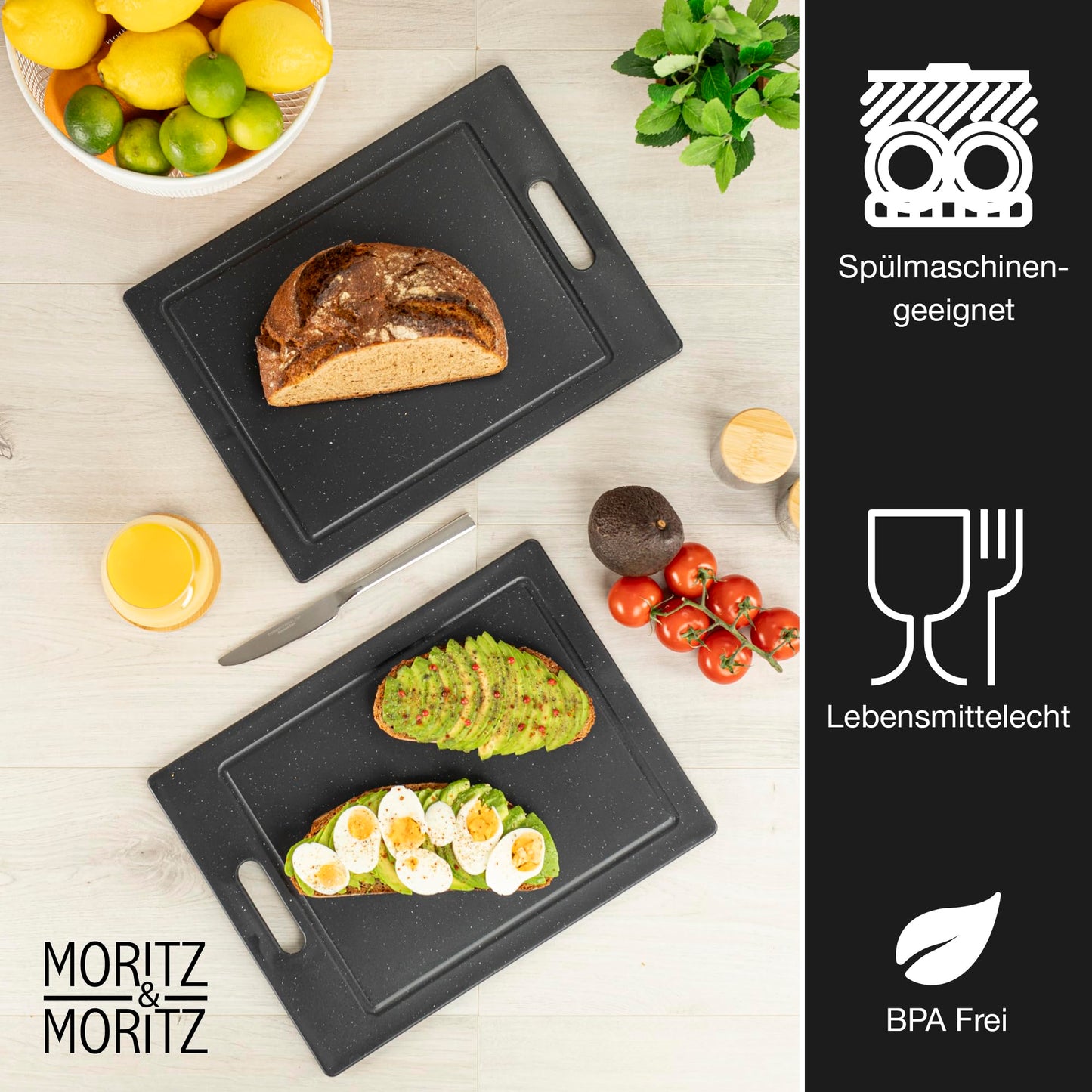 Moritz & Moritz 2x Schneidebrett Kunststoff Set in Granit Optik - 25 x 15 cm - Schneidebretter BPA frei - Frühstücksbrettchen - Schneidebrett Set hygienisch und spülmaschinenfest