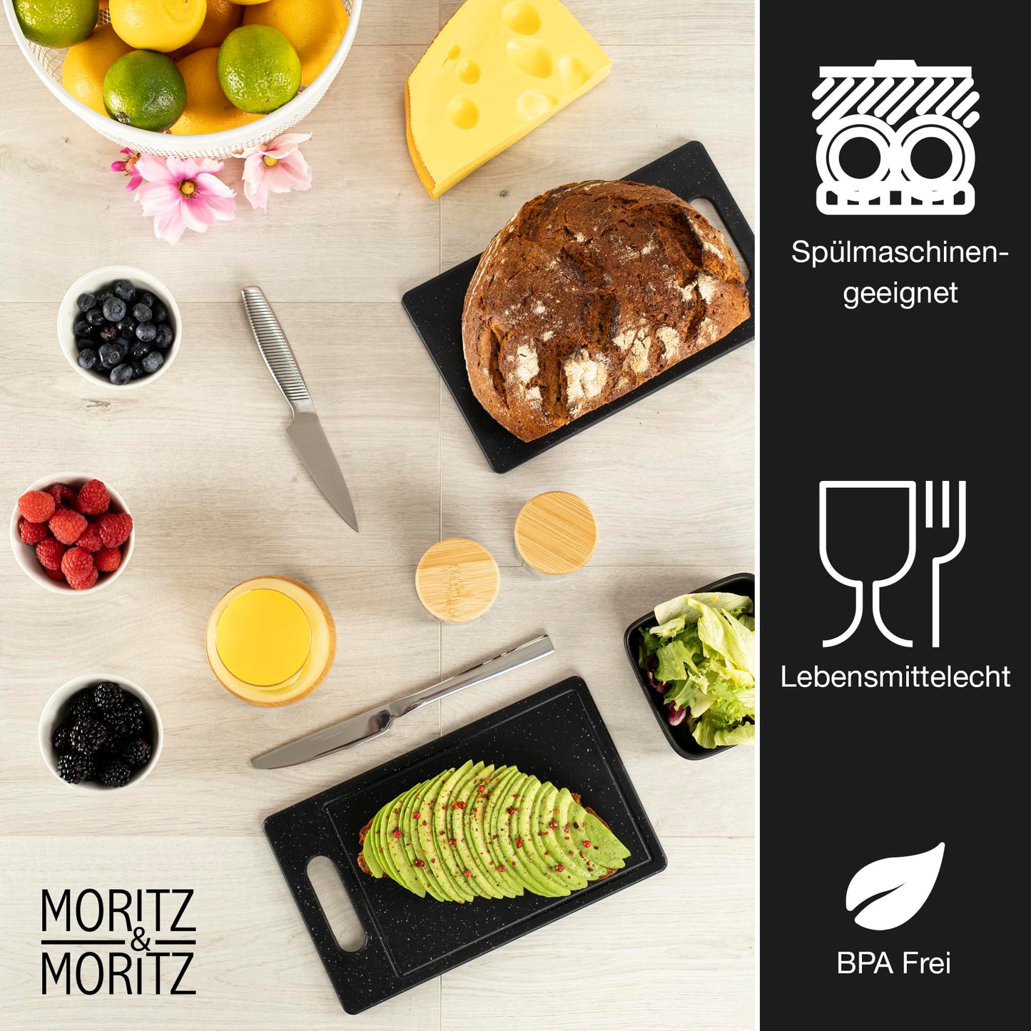 Moritz & Moritz 2x Schneidebrett Kunststoff Set in Granit Optik - 25 x 15 cm - Schneidebretter BPA frei - Frühstücksbrettchen - Schneidebrett Set hygienisch und spülmaschinenfest