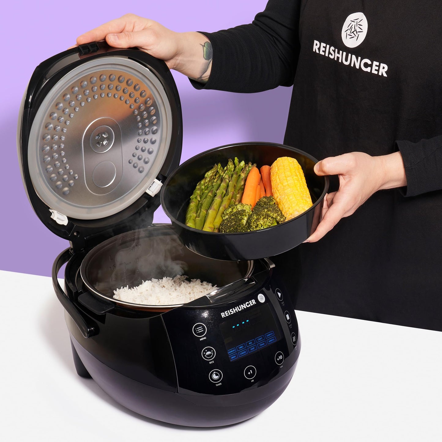 REISHUNGER Digitaler Reiskocher & Dampfgarer Grau | 1,5 L bis 8 Personen | Warmhaltefunktion, Timer & Premium Innentopf | Multikocher, 12 Programme, 7-Phasen-Technologie