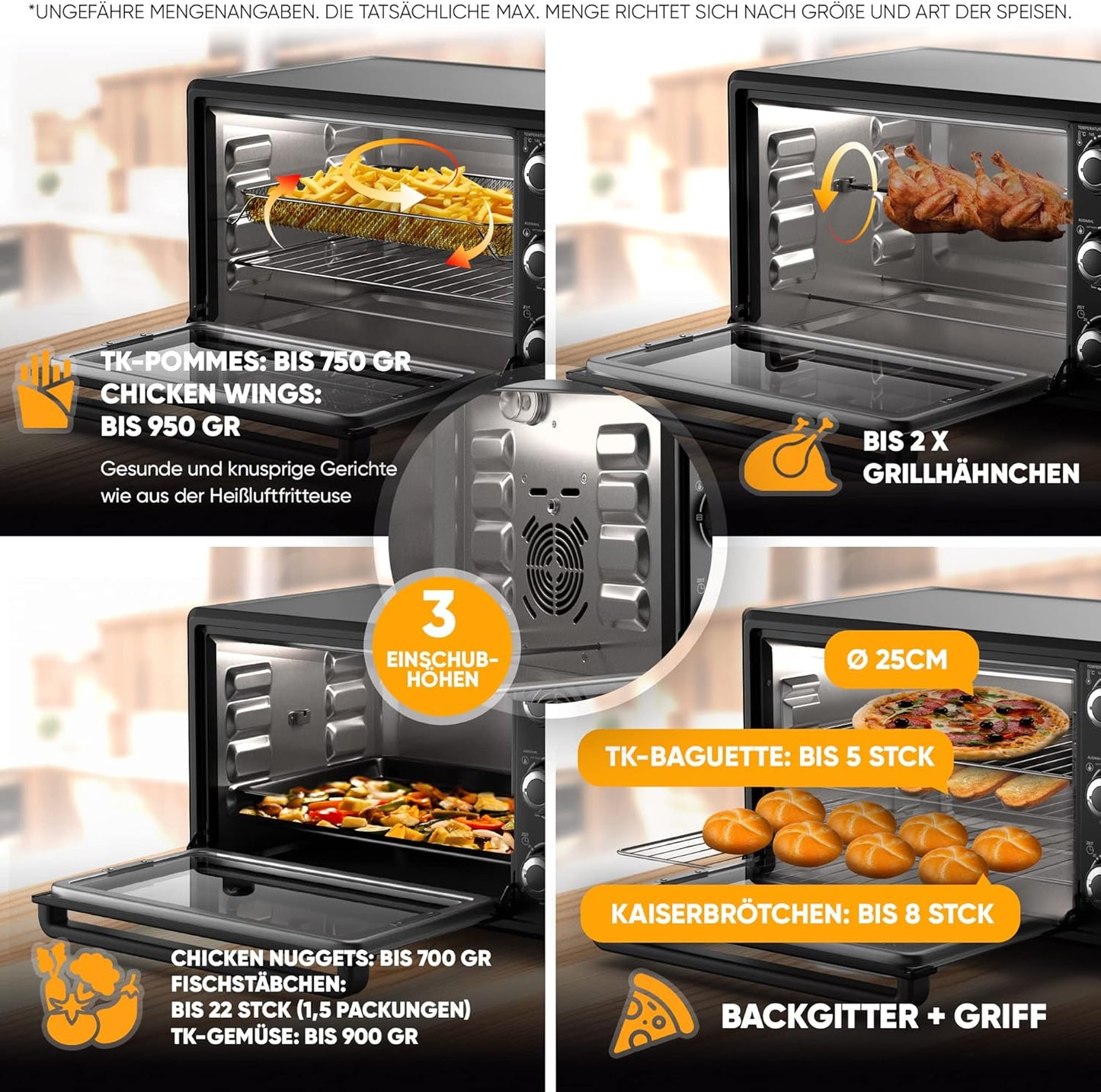 Stillstern Minibackofen mit Umluft (25L) NEU: CYCLONE PRO+ (Antihaftbeschichtung), DE Version, Airfryer-Einsatz, Rezeptheft, Drehspieß, 1500W Toaster Grill Pizzaofen Mini Backofen Ideal für Camping