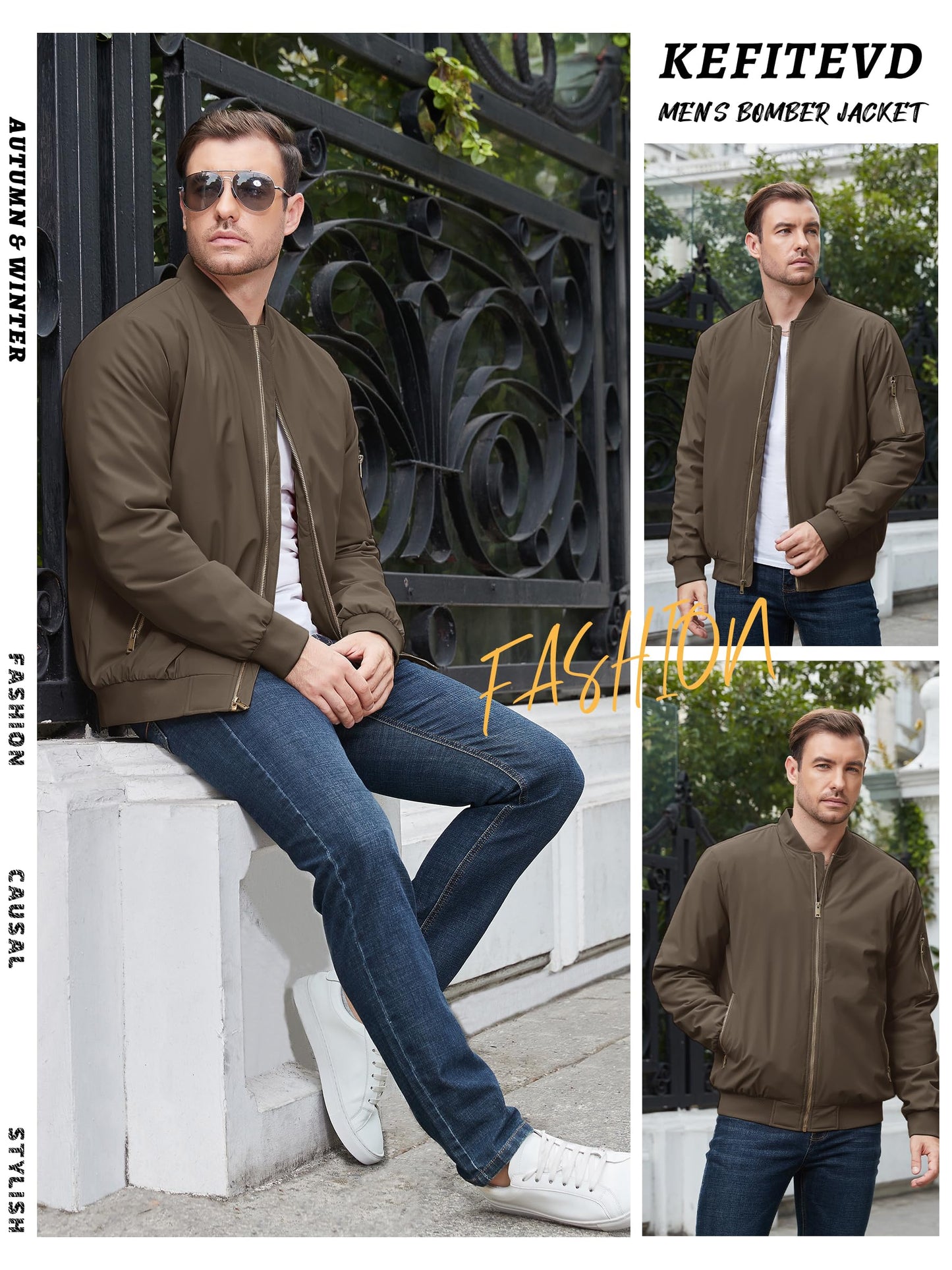 KEFITEVD Men’s Bomber Jacket – Casual Windproof Zip-Up Jacket