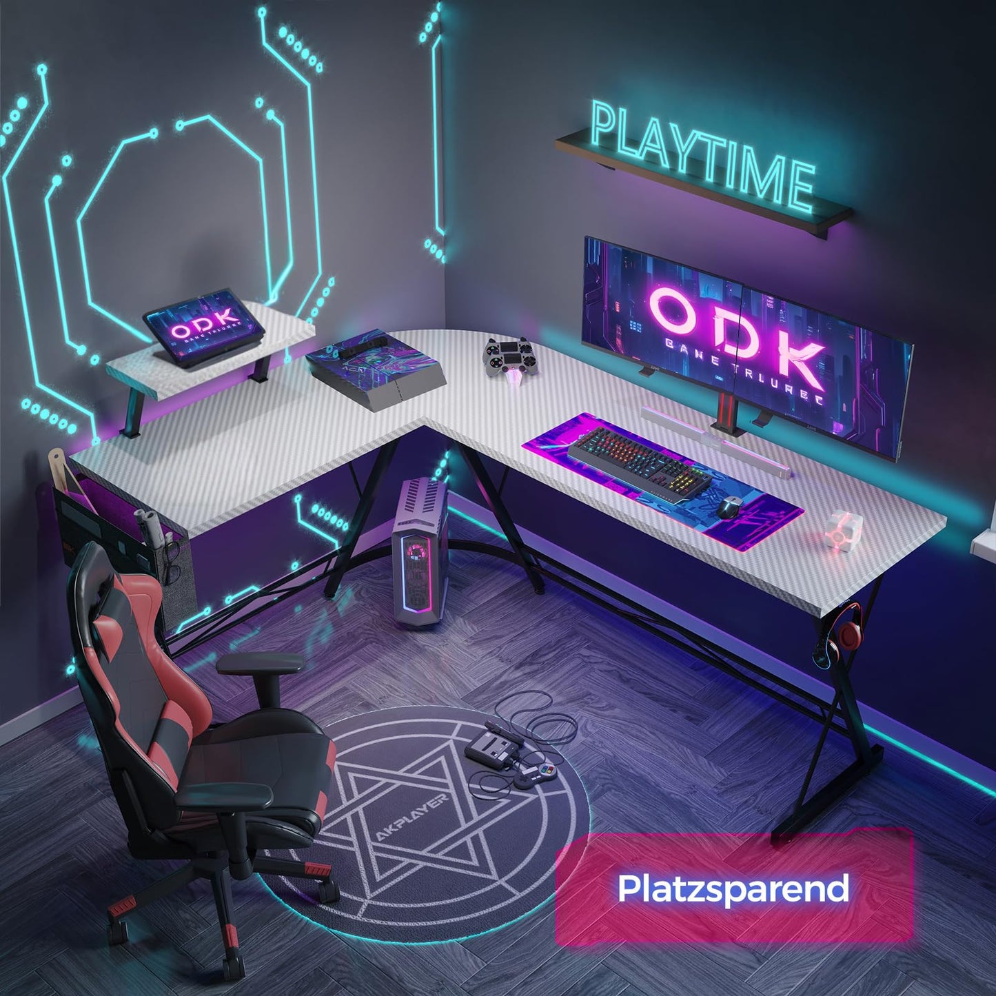 ODK Gaming Tisch, Gaming Schreibtisch Eckschreibtisch für Gamer, Schreibtisch L Form mit Monitorständer für Büro (Schwarz, 127 x 127 cm)
