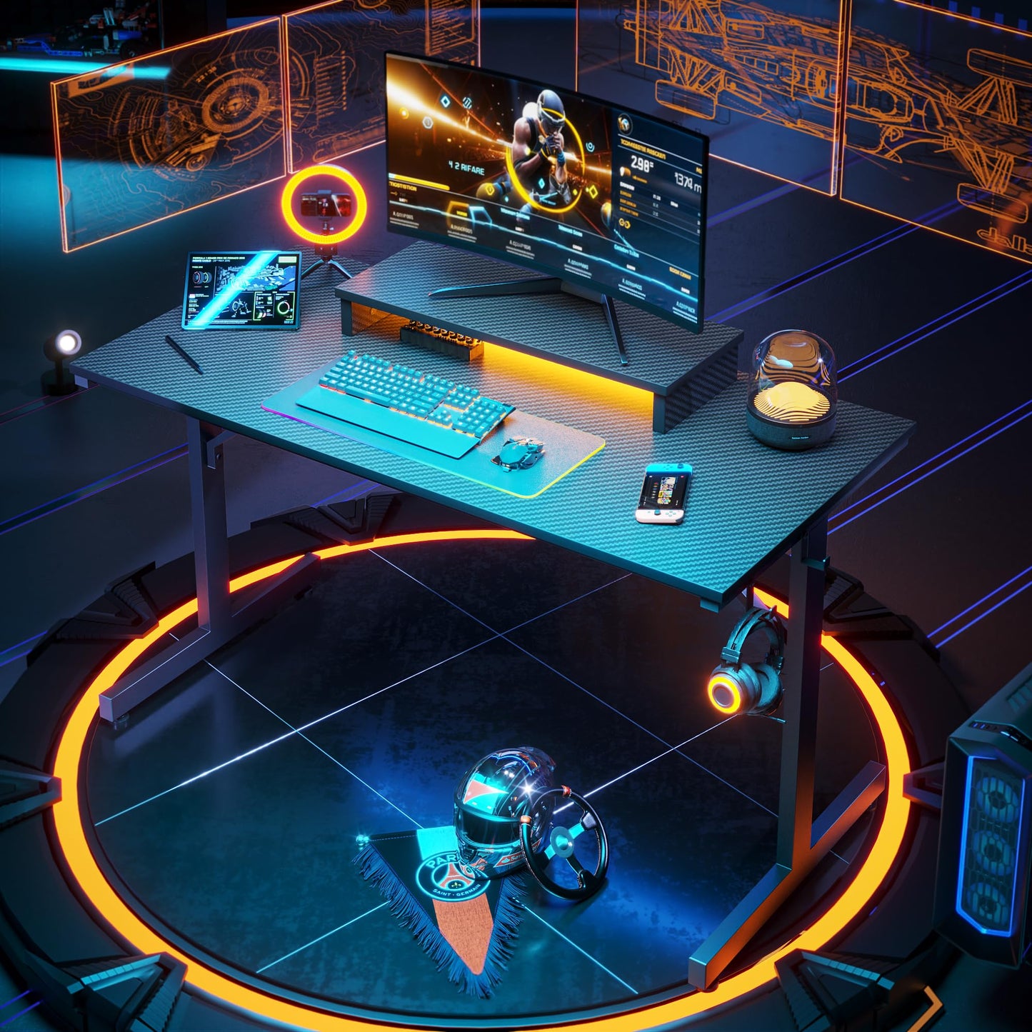 Bestier Kleiner Gaming-Schreibtisch 106,6 cm LED Computerschreibtisch mit Monitorständer, Gamer-Arbeitsstation mit Becherhalter & Headset-Haken für Home-Office, Schlafzimmer, kleine Räum