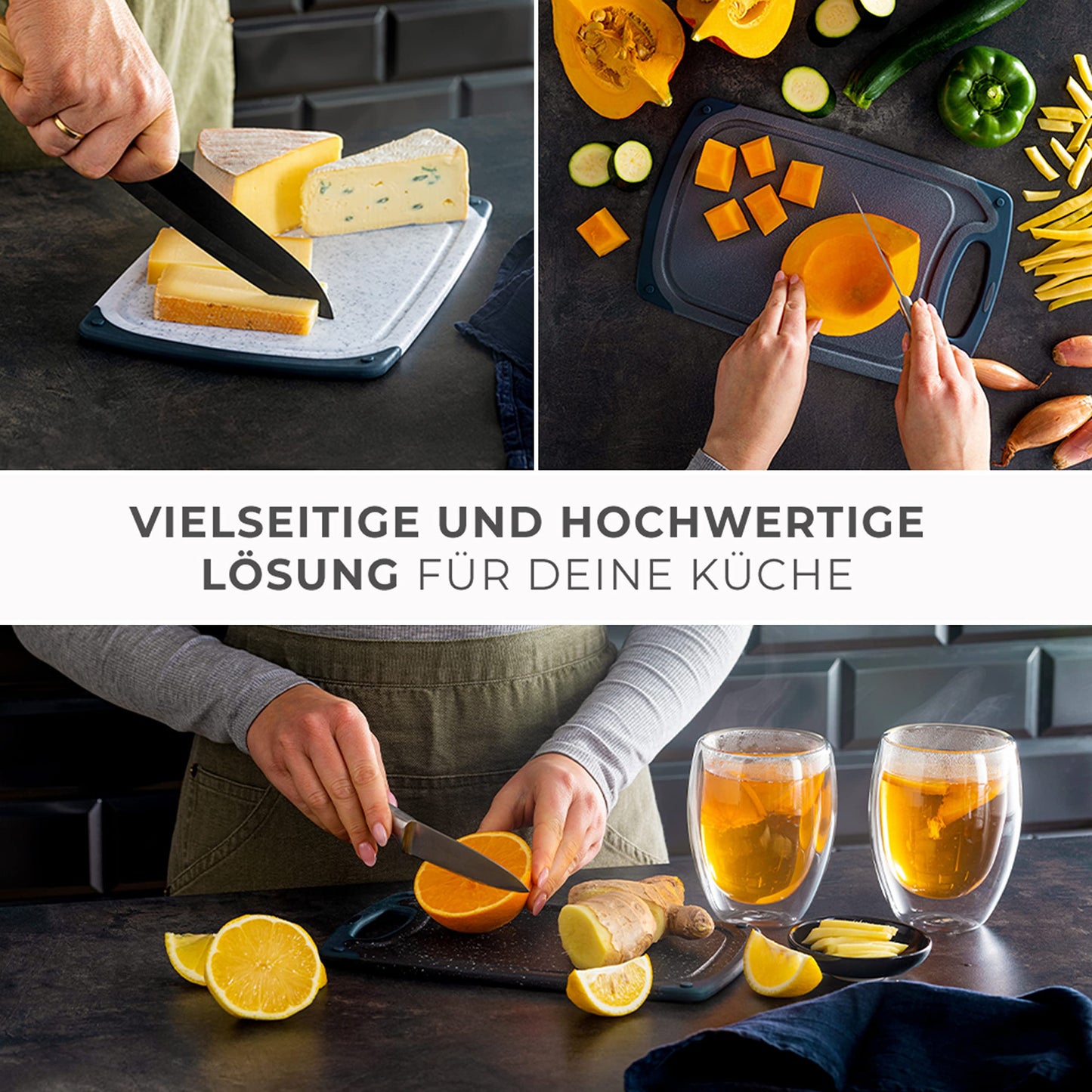 Exitoso 3-Piece Innovative Chopping Board Set | Non-Slip with Juice Groove and Handle | Dishwasher Safe | Antibacterial | Grey/Black Plastic