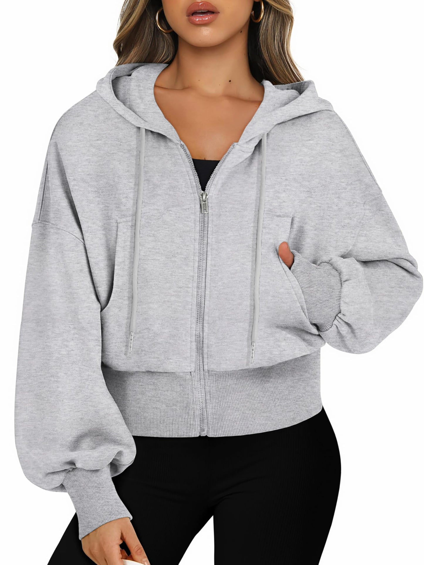 Jhsnjnr Women’s Cropped Zip-Up Hooded Sweat Jacket