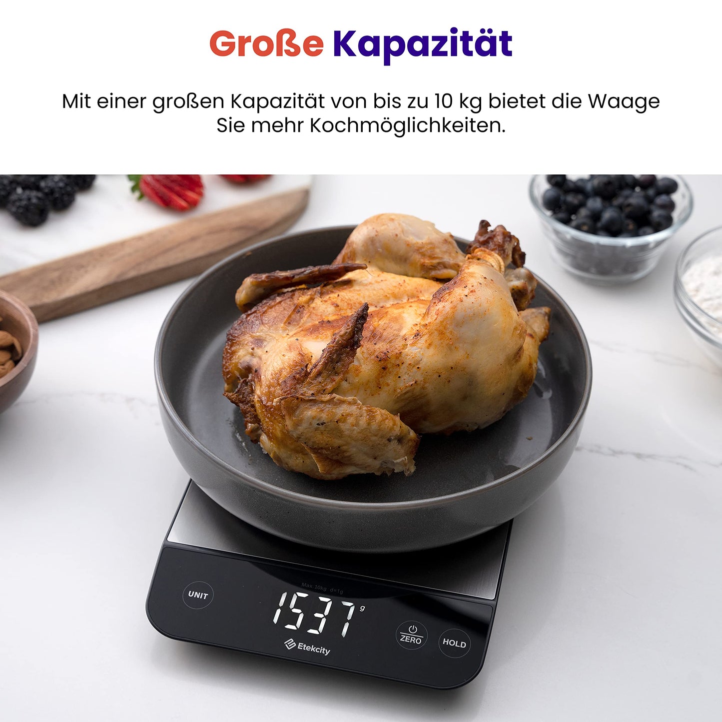 ETEKCITY Küchenwaage, digital 5KG mit großem LCD-Display,Digitalwaage, Briefwaage mit Großer Edelstahl Wiegefläche, Flüssigkeitsmessung, hohe Präzision auf bis zu 1g, Tara-Funktion, Silber
