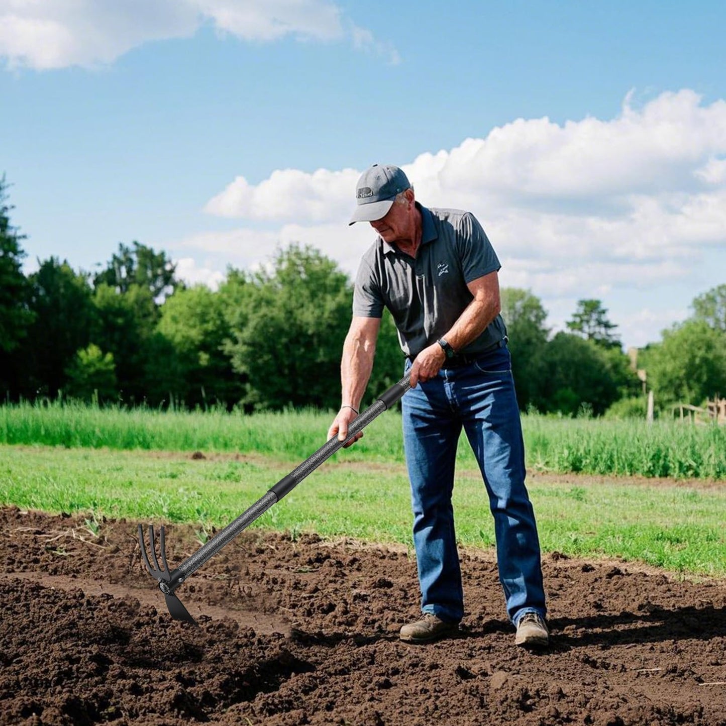 HARRMS Gartenhacke mit Stiel, 76cm, 3-Zinken-Doppelhacke Unkrautharke Metall, Multifunktionale Hacke Gartengeräte Gartenzubehör zum lockern, lüften und jäten des Bodens