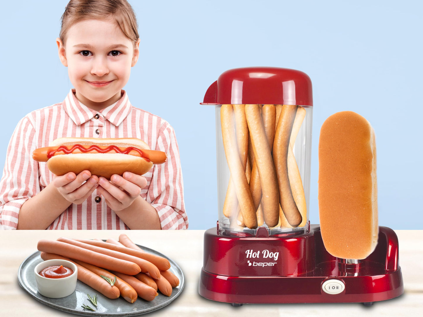 BEPER BT.150Y Hot Dog Maker mit 5 Kochstufen - Hot Dog Maschine im Vintage Design, Rot, 750 W
