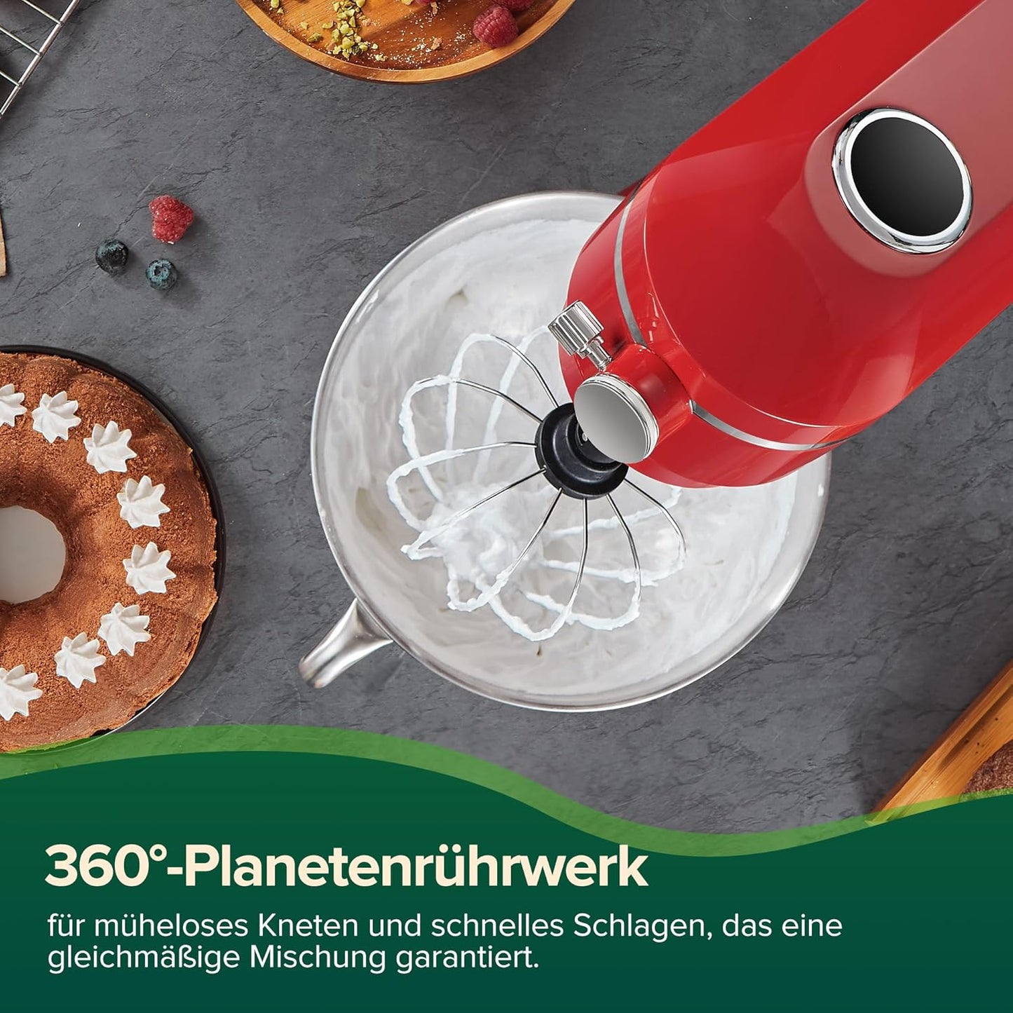Chefree Knetmaschine Profi Küchenmaschine,7L Schüssel mit 3 Rührwerkzeuge, 1800W,LED-Touchscreen,10 Stufen,Knethaken Rühr- & Schneebesen,Planetenrührwerk,Rot,M500