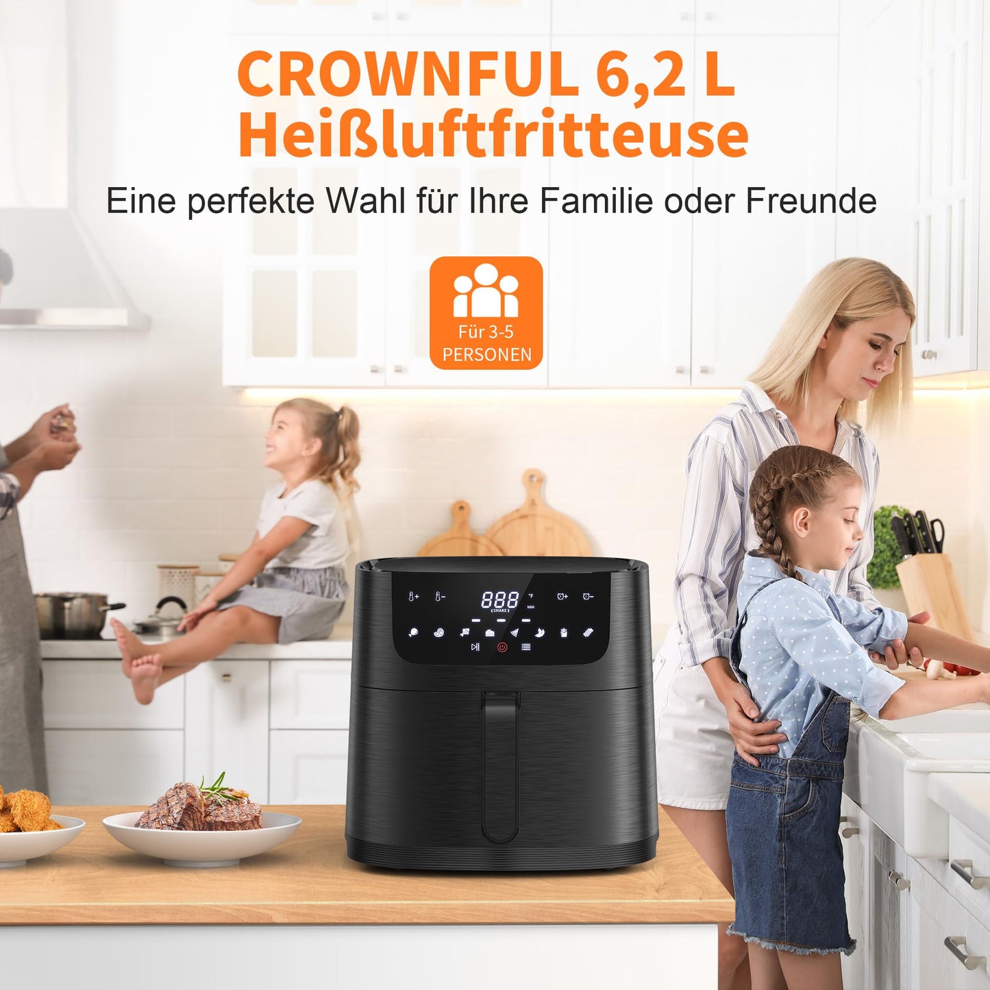 CROWNFUL Luftfritteuse 6,2L, XXL Heißluftfriteuse Elektrische 8 in 1 Öllose Herd, Heissluft Fritteusen mit LCD Touchscreen und 8 Voreinstellungen, präzise Temperaturregelung, Nonstick Korb