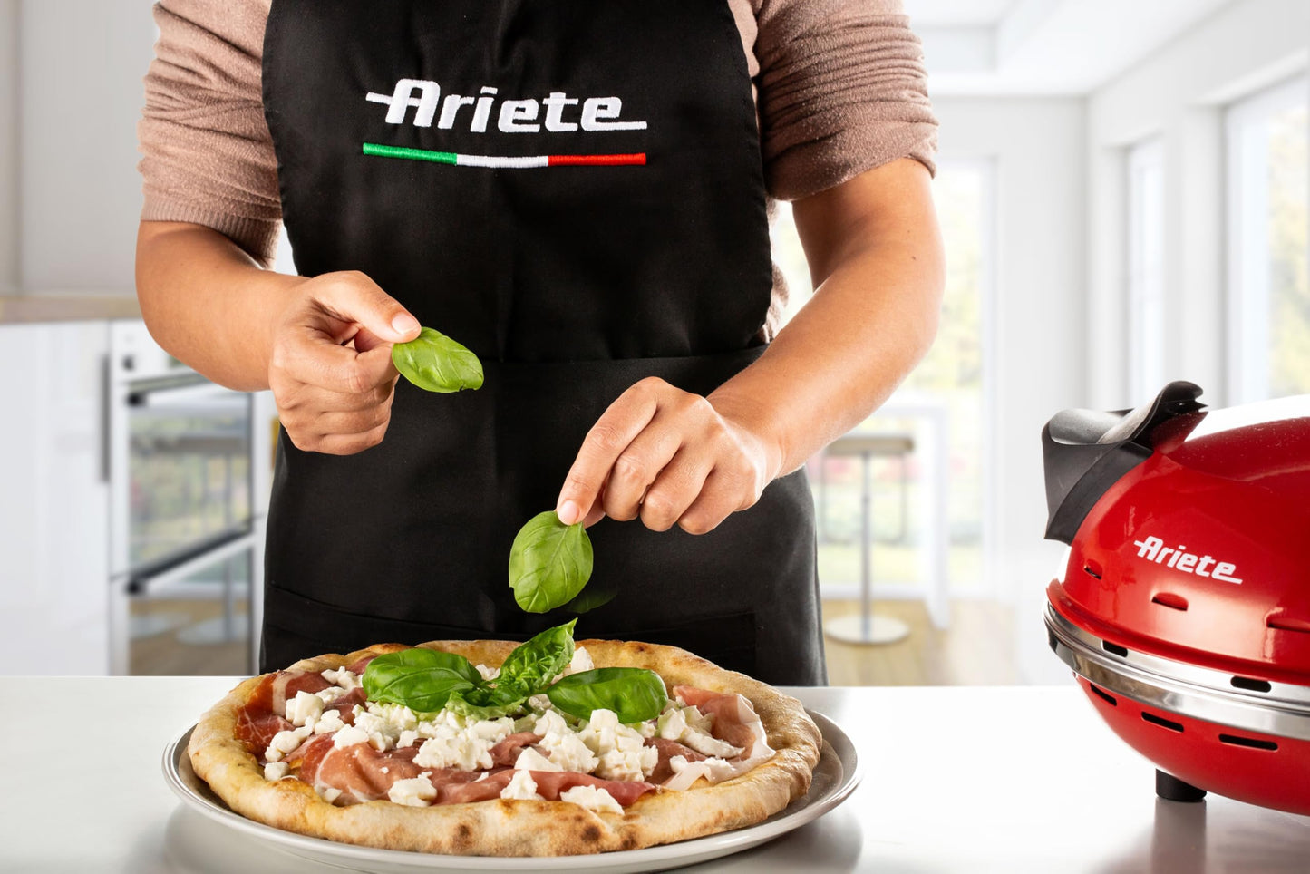 Ariete Pizzaofen 919, 4-Minuten-Pizza, Pizzaofen mit 5 Garstufen, Feuerfeste Platte zum Wiederaufwärmen, Holzbrettchen im Lieferumfang Enthalten, Max. Temperatur 400°C, 1200W, Rot