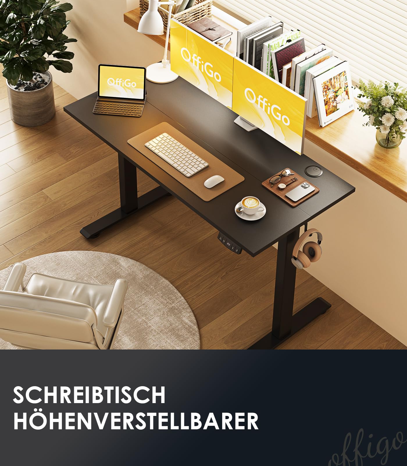OffiGo Höhenverstellbarer Schreibtisch, 120 cm Elektrischer Schreibtisch, Ergonomischer Tisch mit Memory-Funktion, Gaming Tisch Höhenverstellbar, Moderner Computertisch für Zuhause und Büro, Weiß