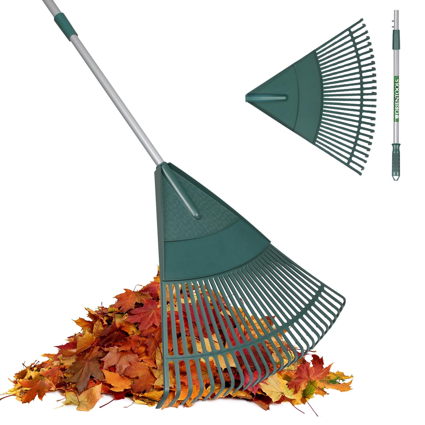ORIENTOOLS Garten Laubrechen, Garten Rechen für Rasen Laub mit verstellbarem Griff 107 bis 156 cm Rechen, 22 Starke Zinken Kunststoff Kopf Strauch Rechen, Landschaftsbesen für Rasen und Blätter