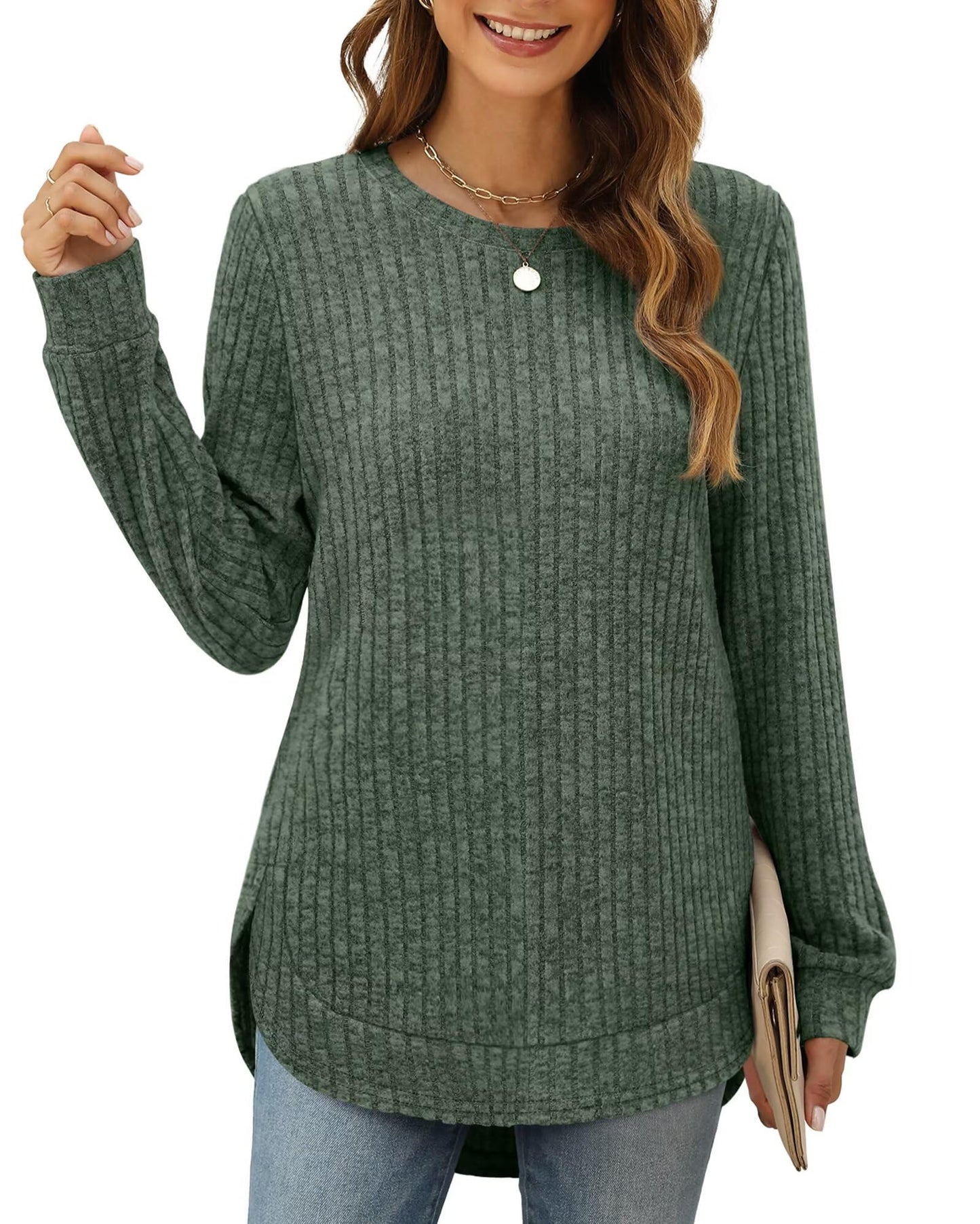 XIEERDUO Women's Pullover Sweater – Curved Hem Knit Sweatshirt