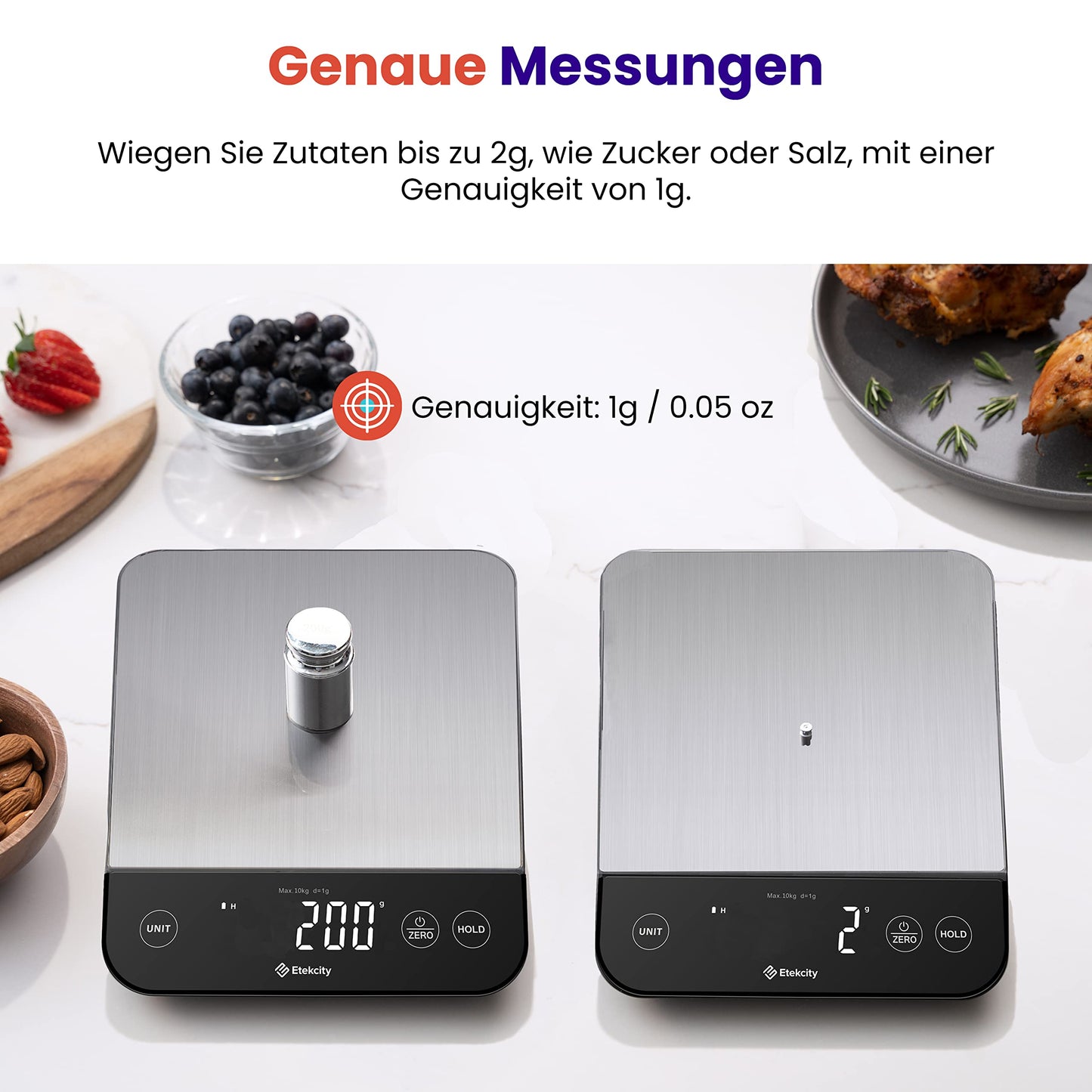 ETEKCITY Küchenwaage, digital 5KG mit großem LCD-Display,Digitalwaage, Briefwaage mit Großer Edelstahl Wiegefläche, Flüssigkeitsmessung, hohe Präzision auf bis zu 1g, Tara-Funktion, Silber