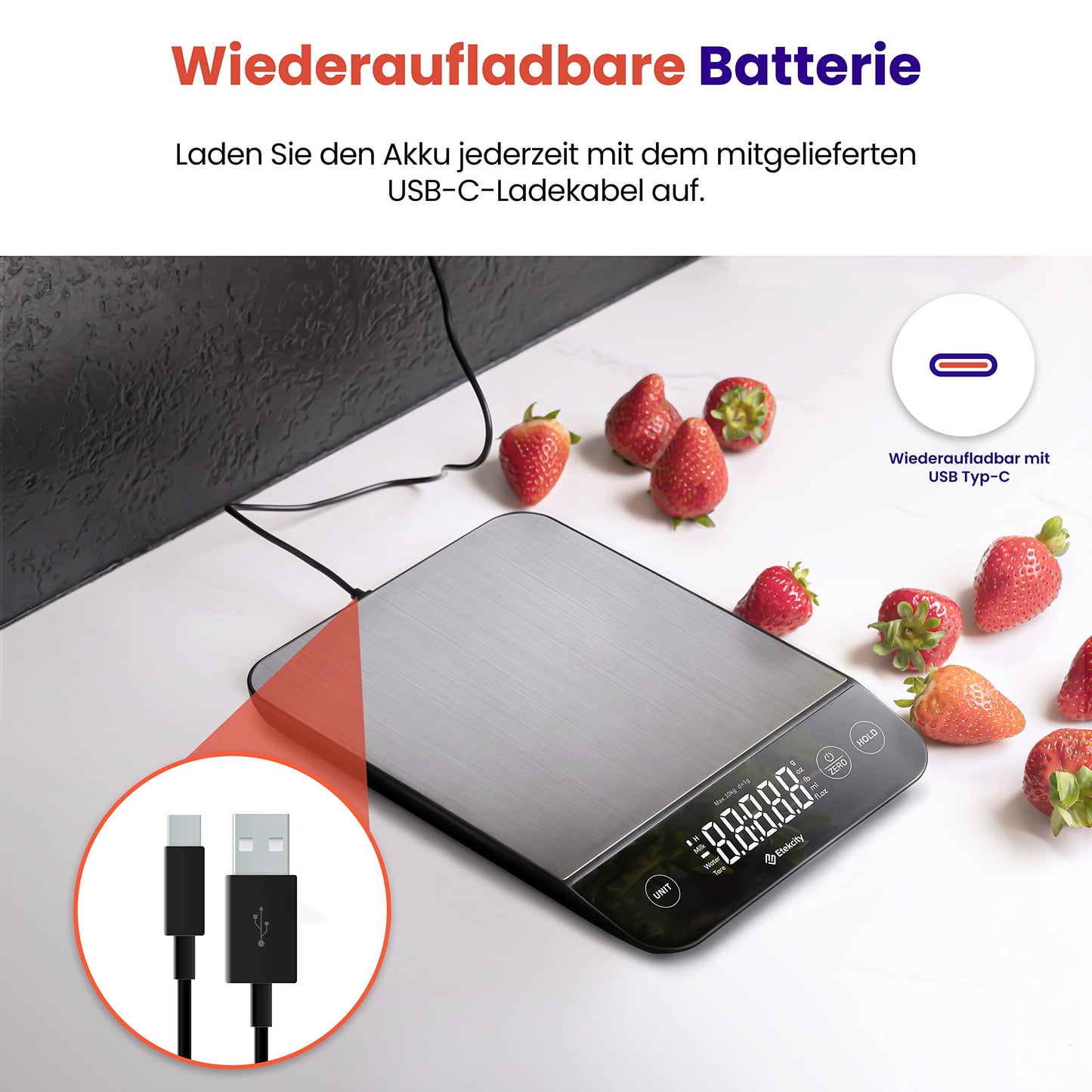 ETEKCITY Küchenwaage, digital 5KG mit großem LCD-Display,Digitalwaage, Briefwaage mit Großer Edelstahl Wiegefläche, Flüssigkeitsmessung, hohe Präzision auf bis zu 1g, Tara-Funktion, Silber