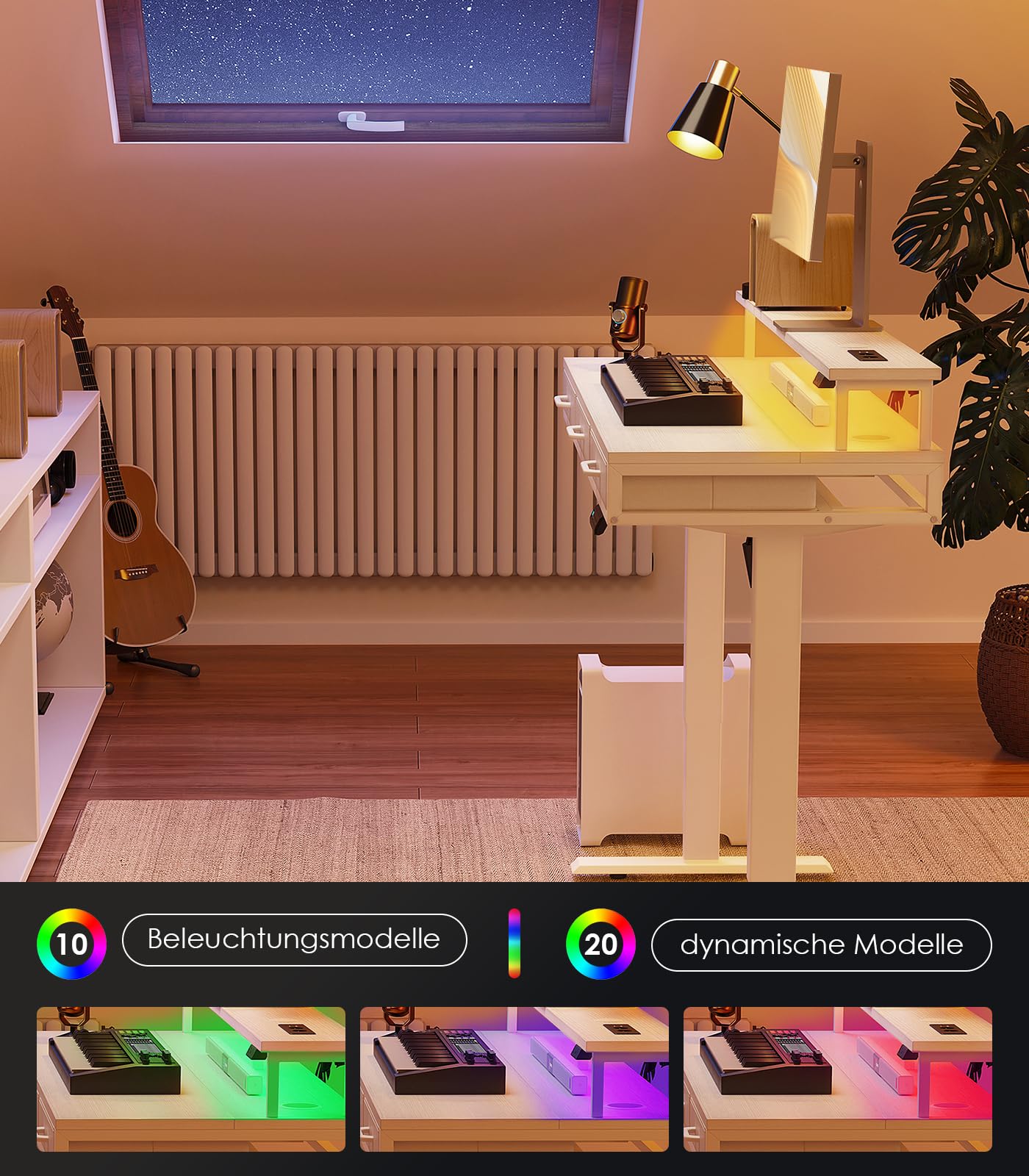 OffiGo Elektrischer Schreibtisch mit Schubladen, 120cm Höhenverstellbarer Schreibtisch mit Monitorständer, Gaming Tisch mit Steckdosen und Lichtleiste, Tisch Höhenverstellbar Bürotisch, Weiß