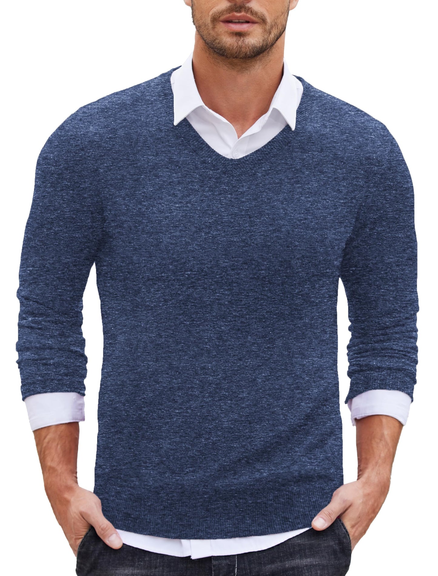 COOFANDY Men’s V-Neck Knit Sweater – Classic Long Sleeve Pullover