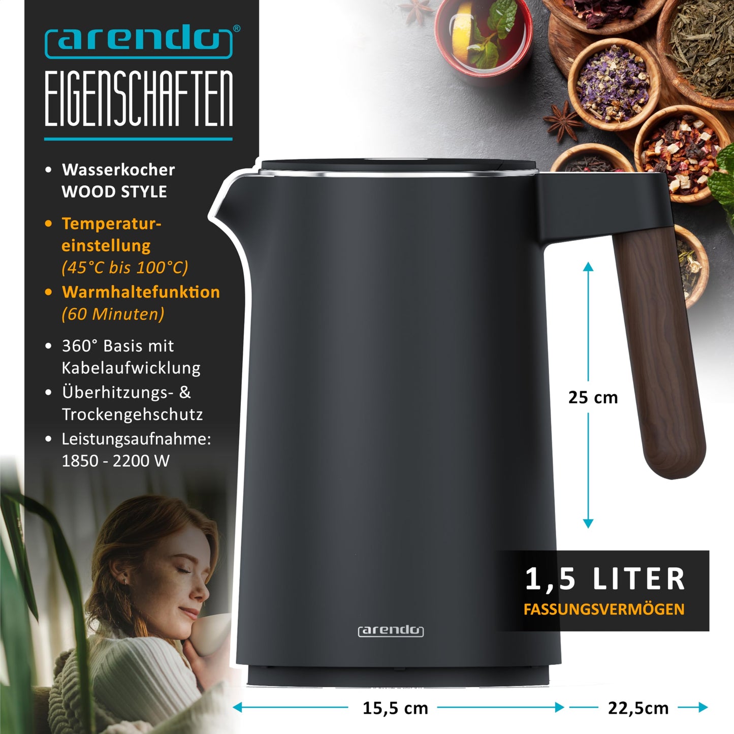 Arendo - Stainless Steel Kettle with Temperature Setting - 45°C-100°C - 1.5 Litre - Double Wall - BPA Free - Keep Warm Function - Tea Maker with Temperature Indicator - Cool Touch Handle - Black