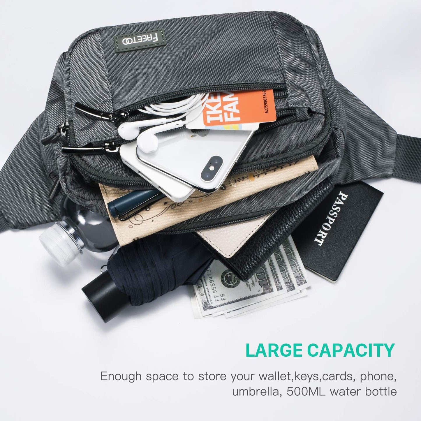 FREETOO Waist Bag – Waterproof Fanny Pack with 6 Zippered Pockets