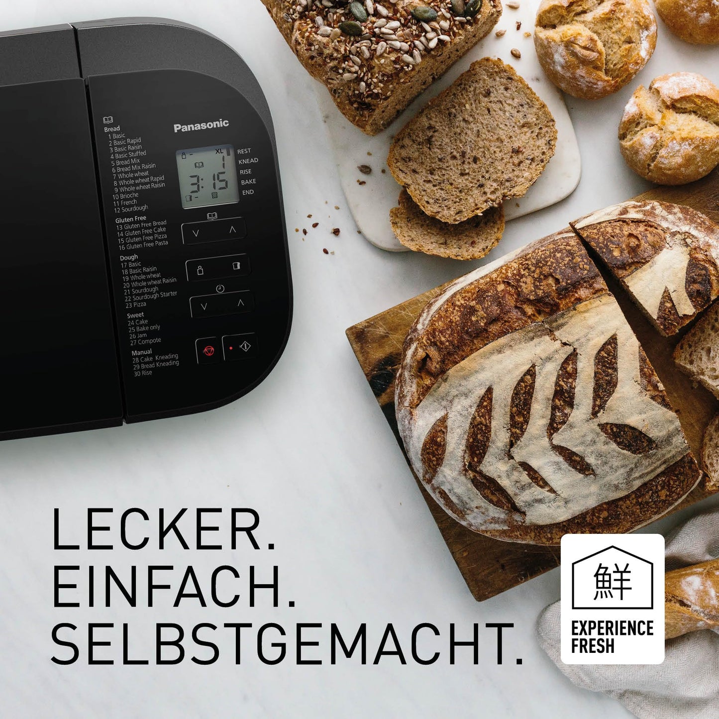 Panasonic Premium Grau Vollautomatischer Brotbackautomat, horizontales Design und Hefespender, 32 automatische Programme, zwei Temperatursensoren, 13-Stunden-Zeitvorwahl, Grau