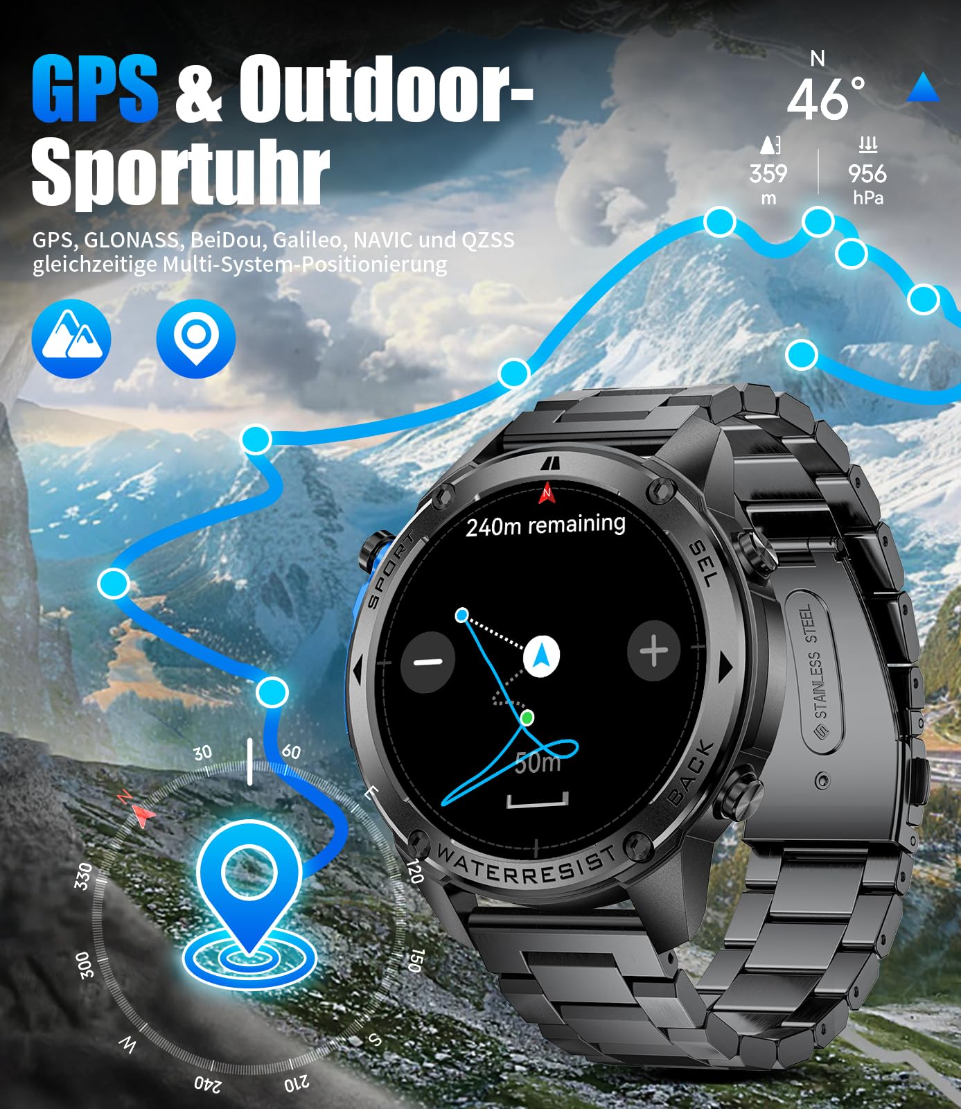 LIGE GPS Smartwatch Herren,1,43" HD AMOLED Smartwatch mit Telefonfunktion,Fitnessuhr,Gunmetal Militär Uhr mit 170+ Sportmodi,Herz-/Schlaftracking/Kompass,5ATM Wasserdicht Sportuhr für iOS/Android