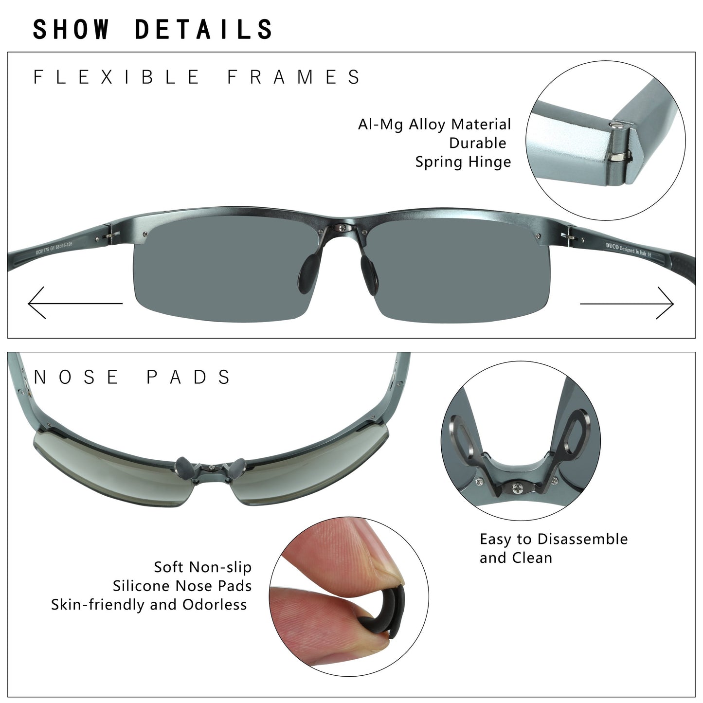DUCO Herren Sportbrille Polarisierte Sonnenbrille Fahrerbrille Ultraleichte Al-Mg Metallrahmen UV400-Schutz Männer Sonnenbrillen 8177S