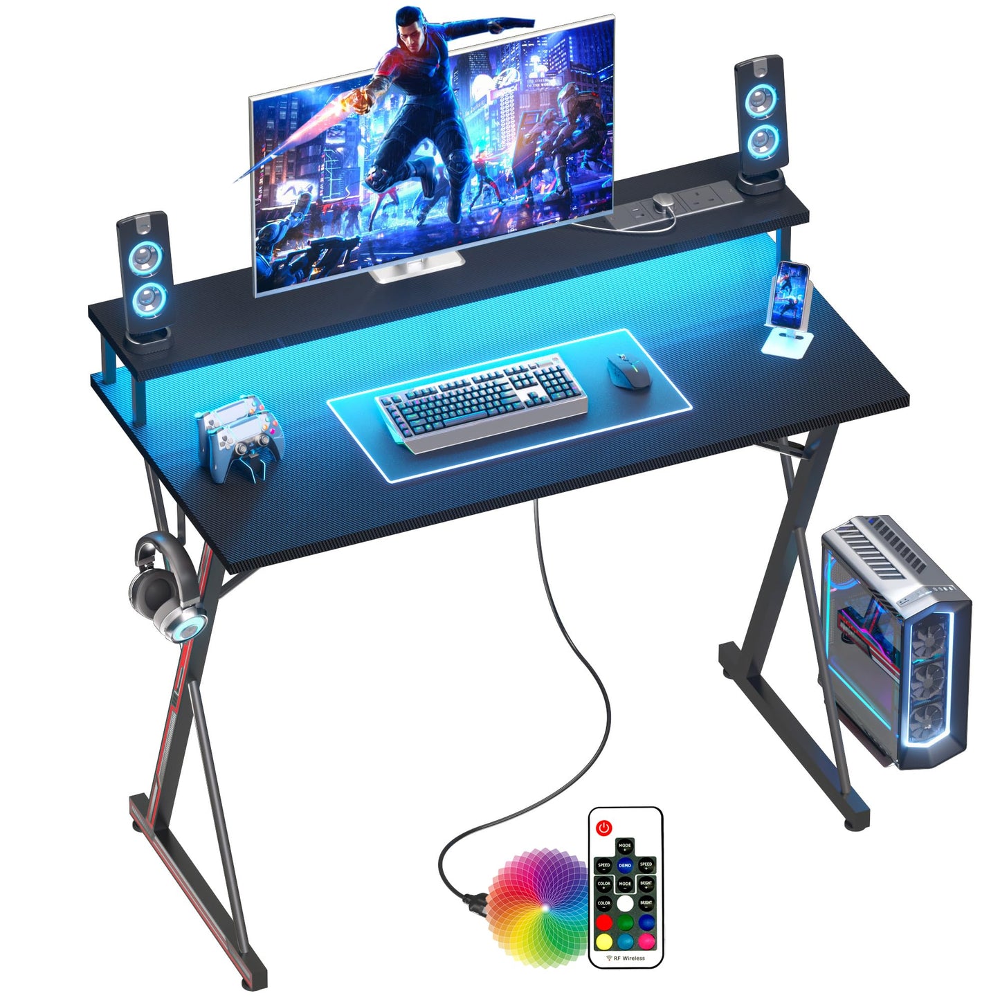 BEXEVUE Gaming Schreibtisch mit Steckdosenleiste LED – 100x50 cm Ergonomic Computer Gamer Tisch, Großer PC Monitorständer, Moderner X Rahmen, Kopfhörerhaken, Studium Arbeit Zuhause Schlafzimmer