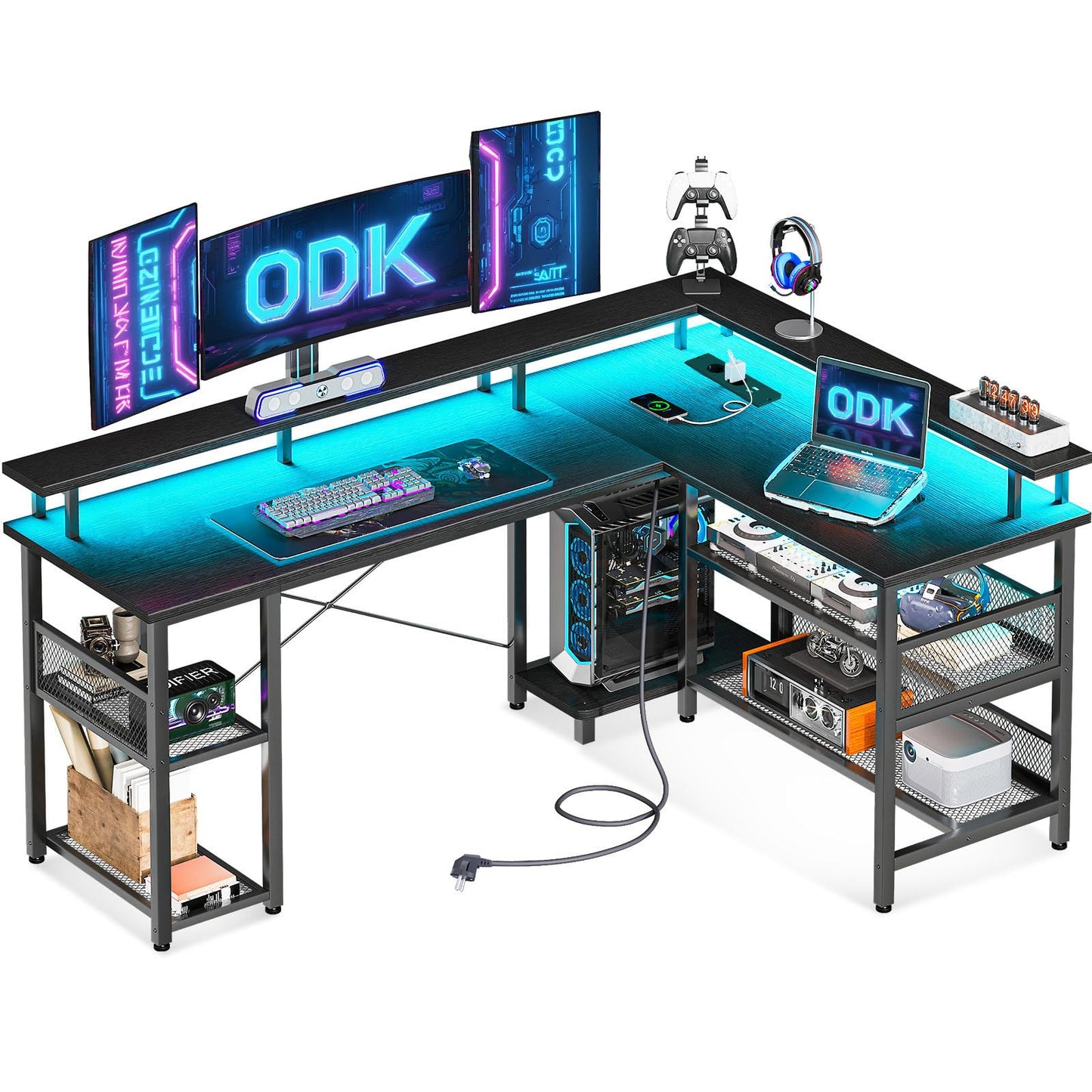 ODK Gaming Tisch mit LED, Reversibel Gaming Schreibtisch mit 2 Steckdosen & 2 USB-Ladeanschlüssen, Eckschreibtisch Groß mit Netzablage, Schwarz 150×102cm