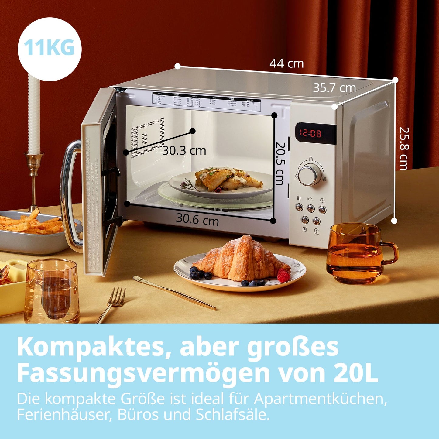 Comfee CMSN 20 wh Mikrowelle / Solo-Mikrowelle mit 5 Leistungsstufen/ Innenbeleuchtung/ easy Defrost/360°Drehteller / Zwei Drehregler/20L/700W/ Weiß, Mechanisch