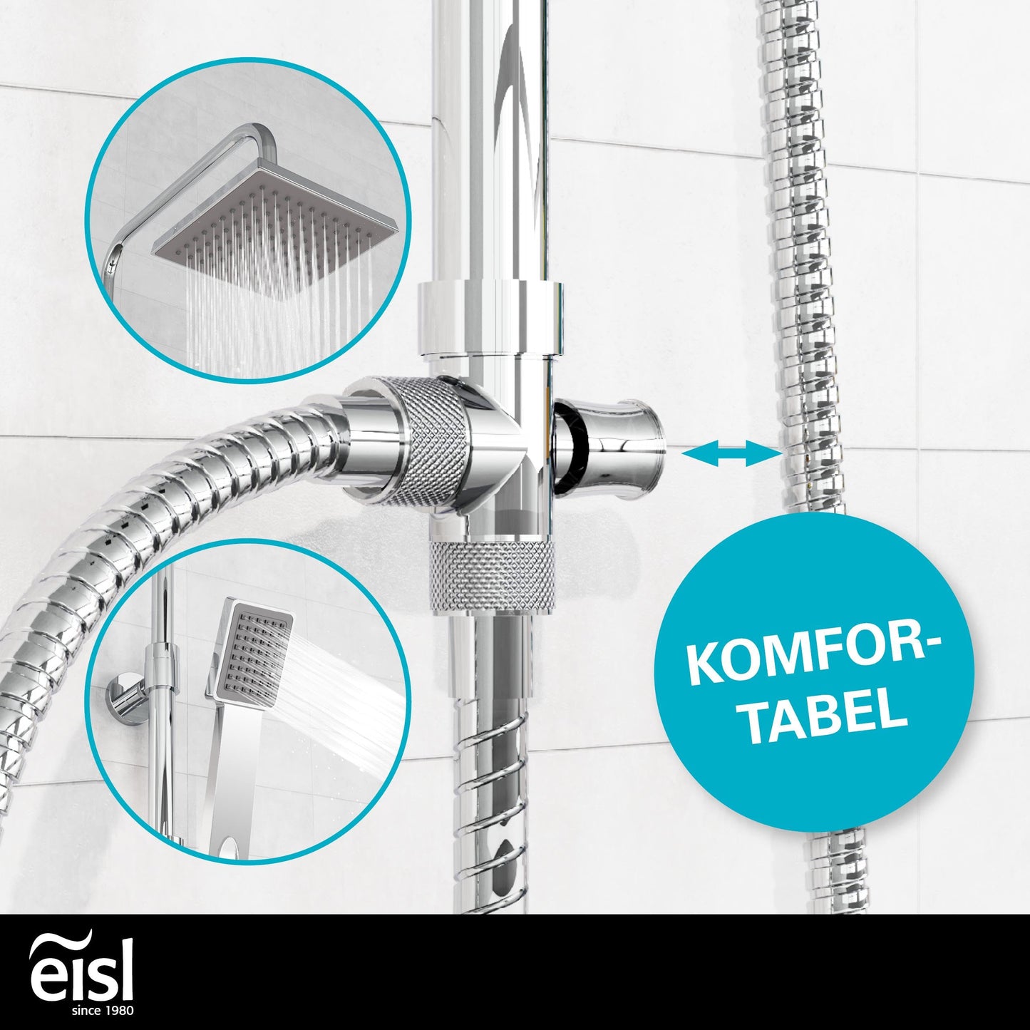 EISL Duschset EASY FRESH, Duschsystem ohne Armatur 2 in 1 mit großer Regendusche (250 x 200 mm) und Handbrause, Regendusche ohne Armatur ideal zum Nachrüsten, komplettes Montageset, Chrom DX12006