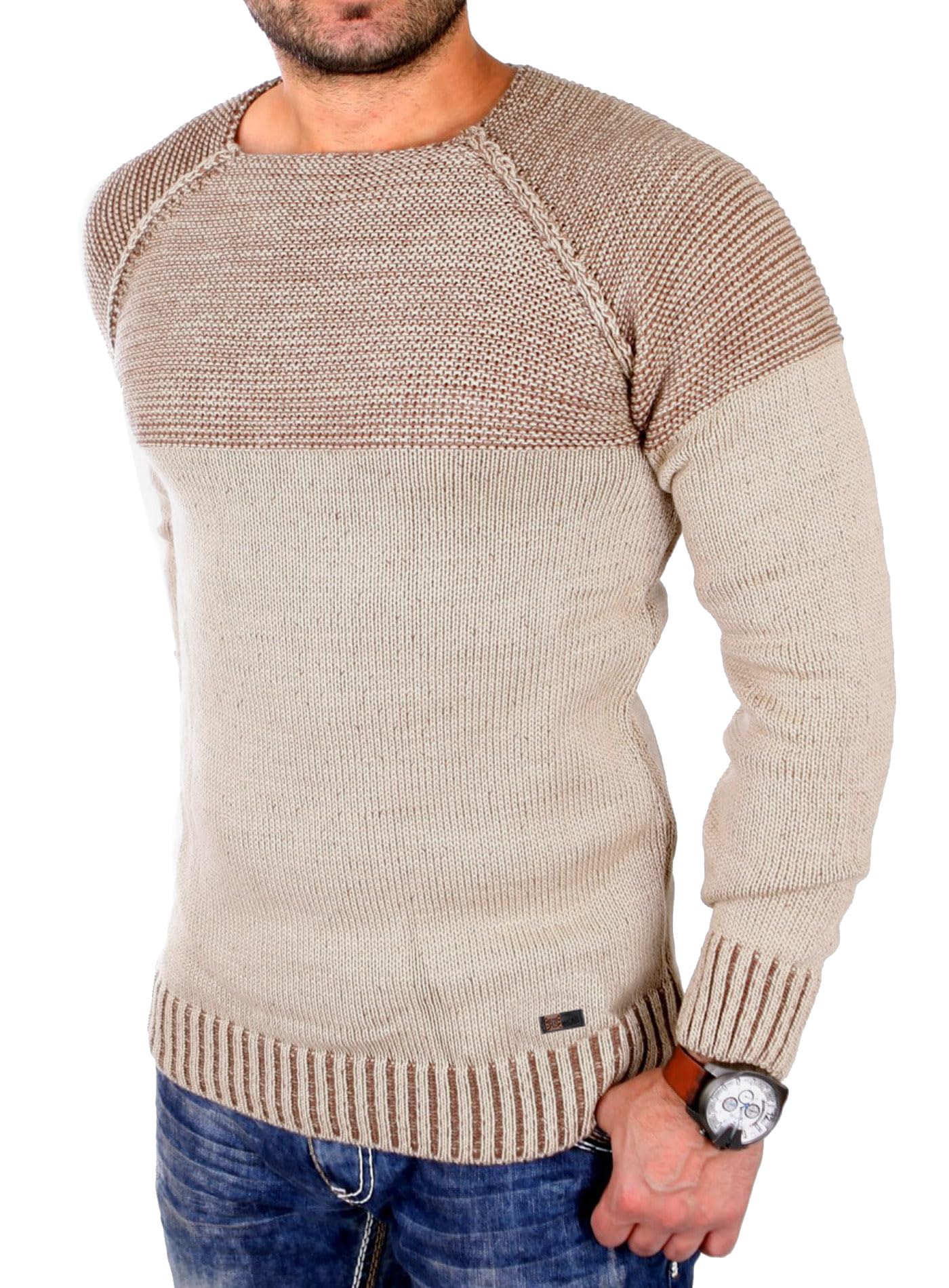 Reslad Men’s Two-Tone Chunky Knit Sweater – Slim Fit Crewneck Pullover