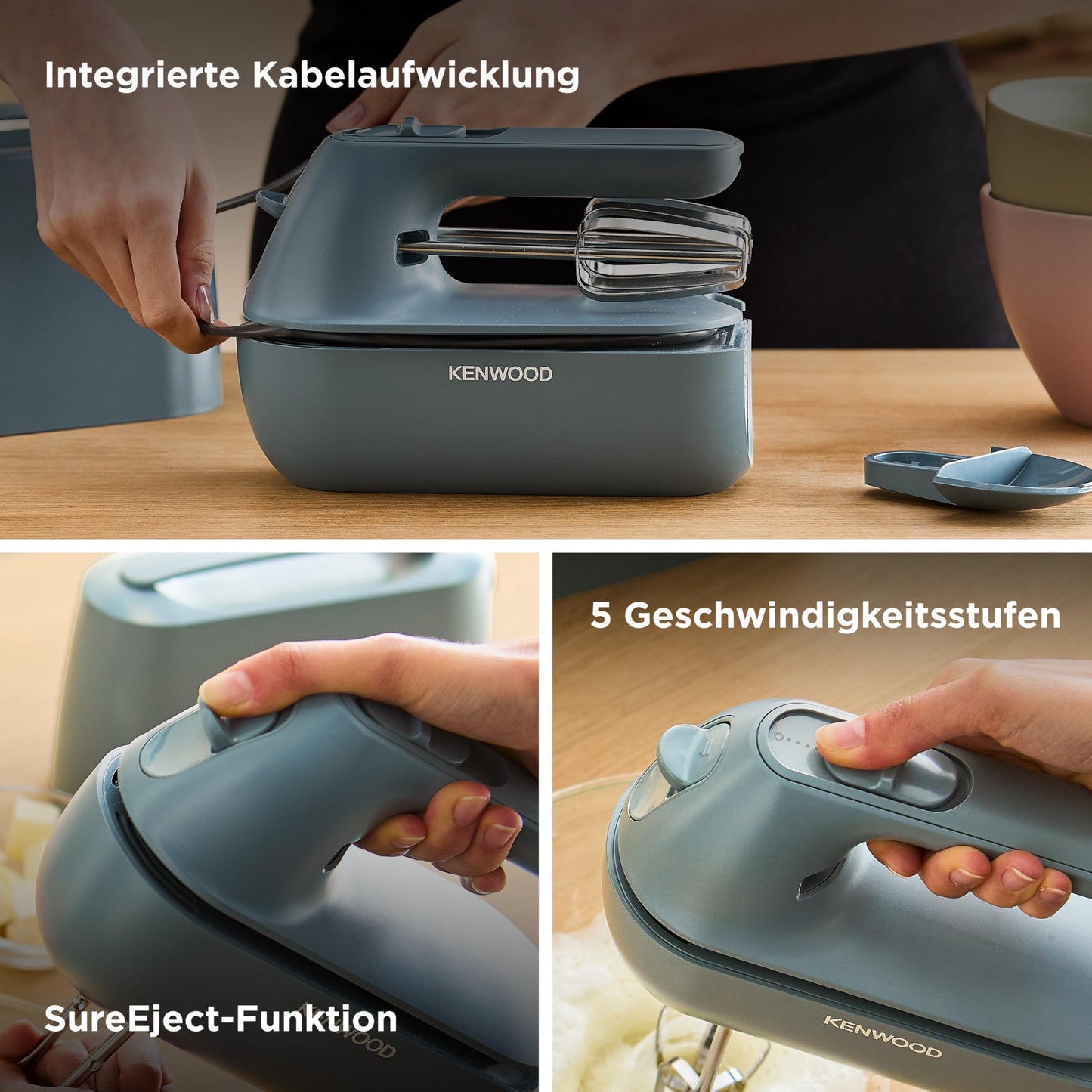 Kenwood MultiPro Go FDP22.130GY, Kompakt-Küchenmaschine nur 30cm hoch, zum Schneiden, Reiben, Pürieren und Teig Kneten, Express-Serve, 1,3 l Arbeitsbehälter, 650 W, Blau