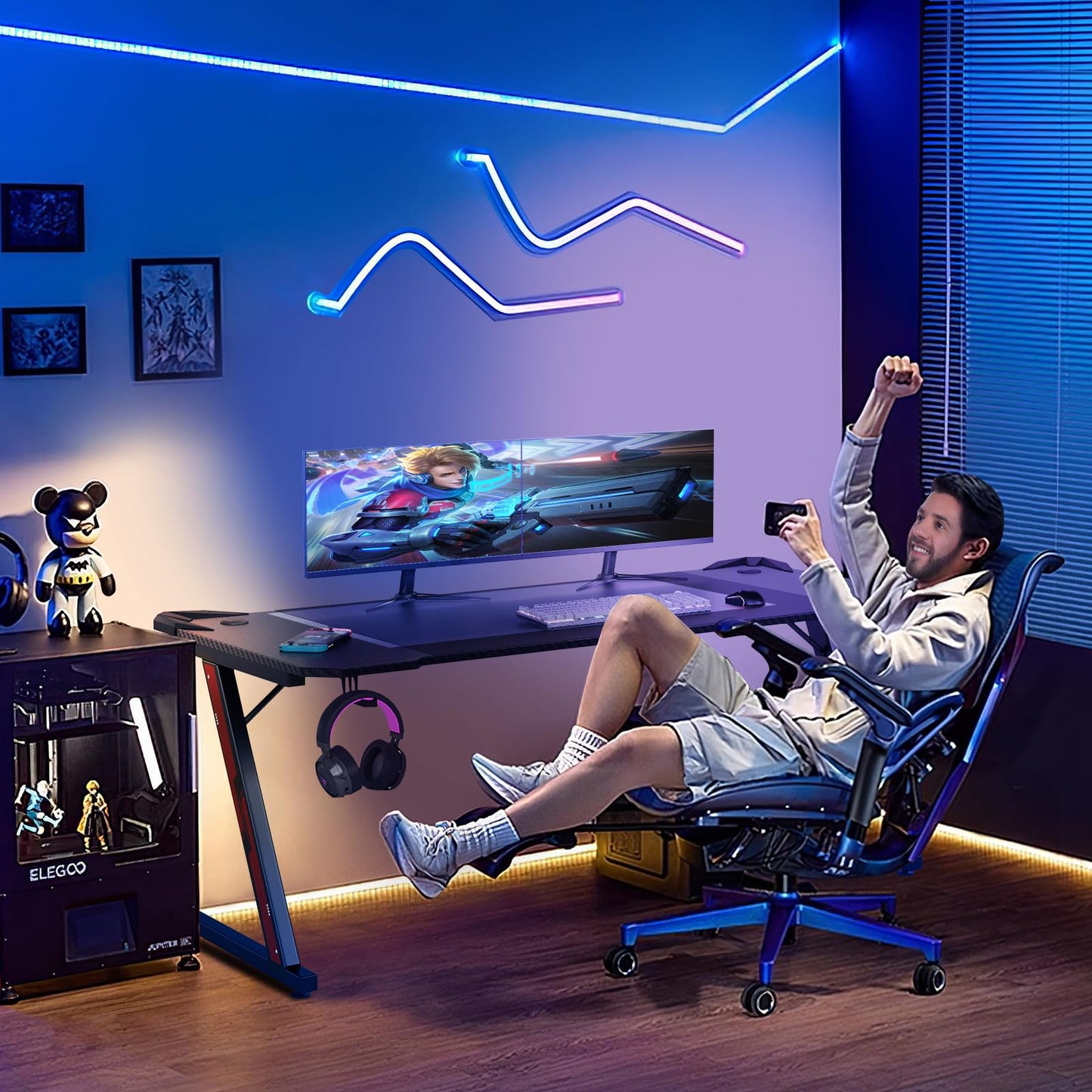 Homall Gaming Table, 80 x 52 cm, Z-Frame Gamer Desk with Headphone Hooks & Drink Holder, Carbon Coating, Ergonomic PC Computer Desk, Sturdy Table