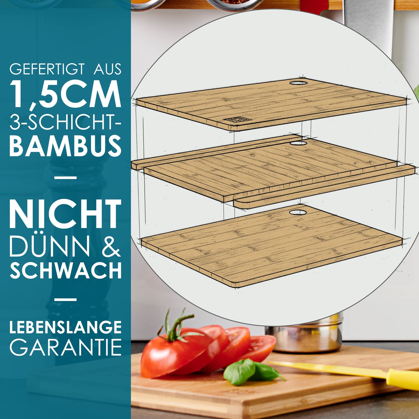 Schneidebrett Holz (3er Set) - 3 Extra Dicke Bambus-Schneidebretter - 33 x 22 cm / 28 x 22 cm / 22 x 15 cm - Die Perfekte Holzbrett Küche, Brotbretter und Servierbretter - von LARHN