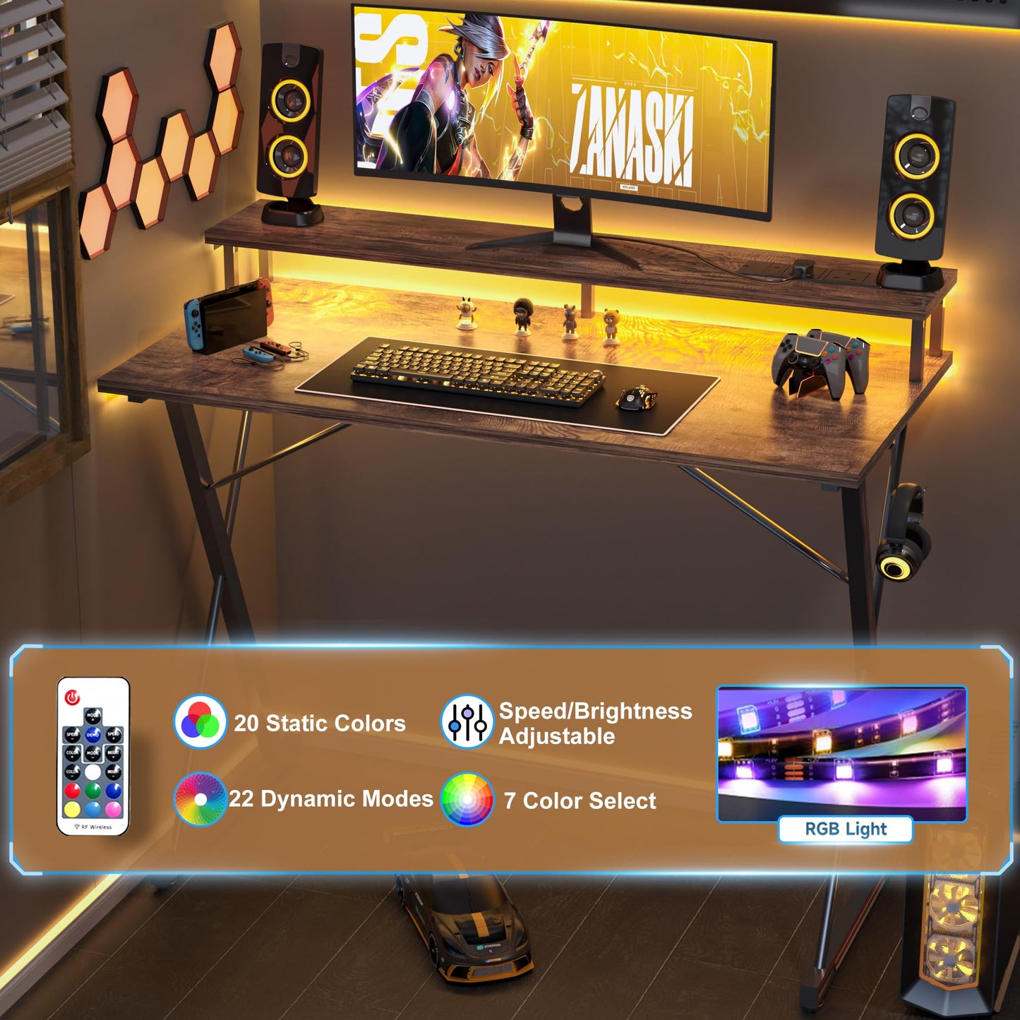 BEXEVUE Gaming Schreibtisch mit Steckdosenleiste LED – 100x50 cm Ergonomic Computer Gamer Tisch, Großer PC Monitorständer, Moderner X Rahmen, Kopfhörerhaken, Studium Arbeit Zuhause Schlafzimmer