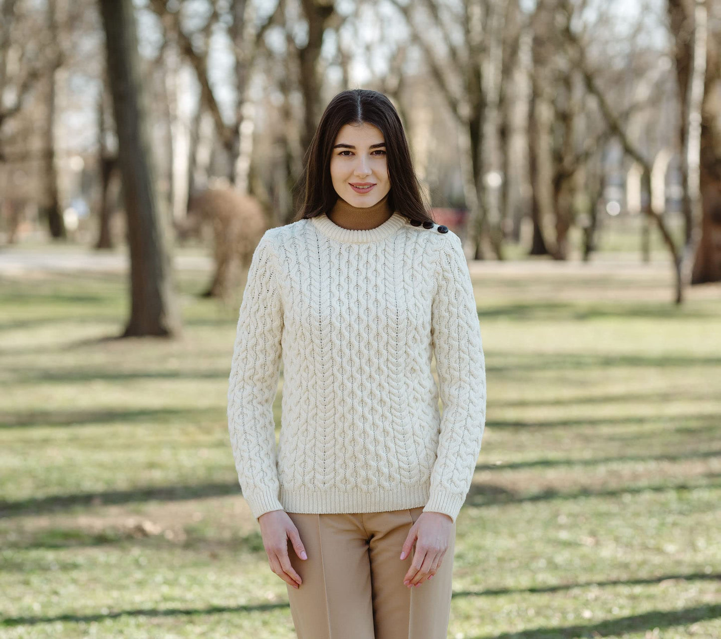 SAOL Women’s Merino Wool Sweater – Aran Knit with Side Buttons