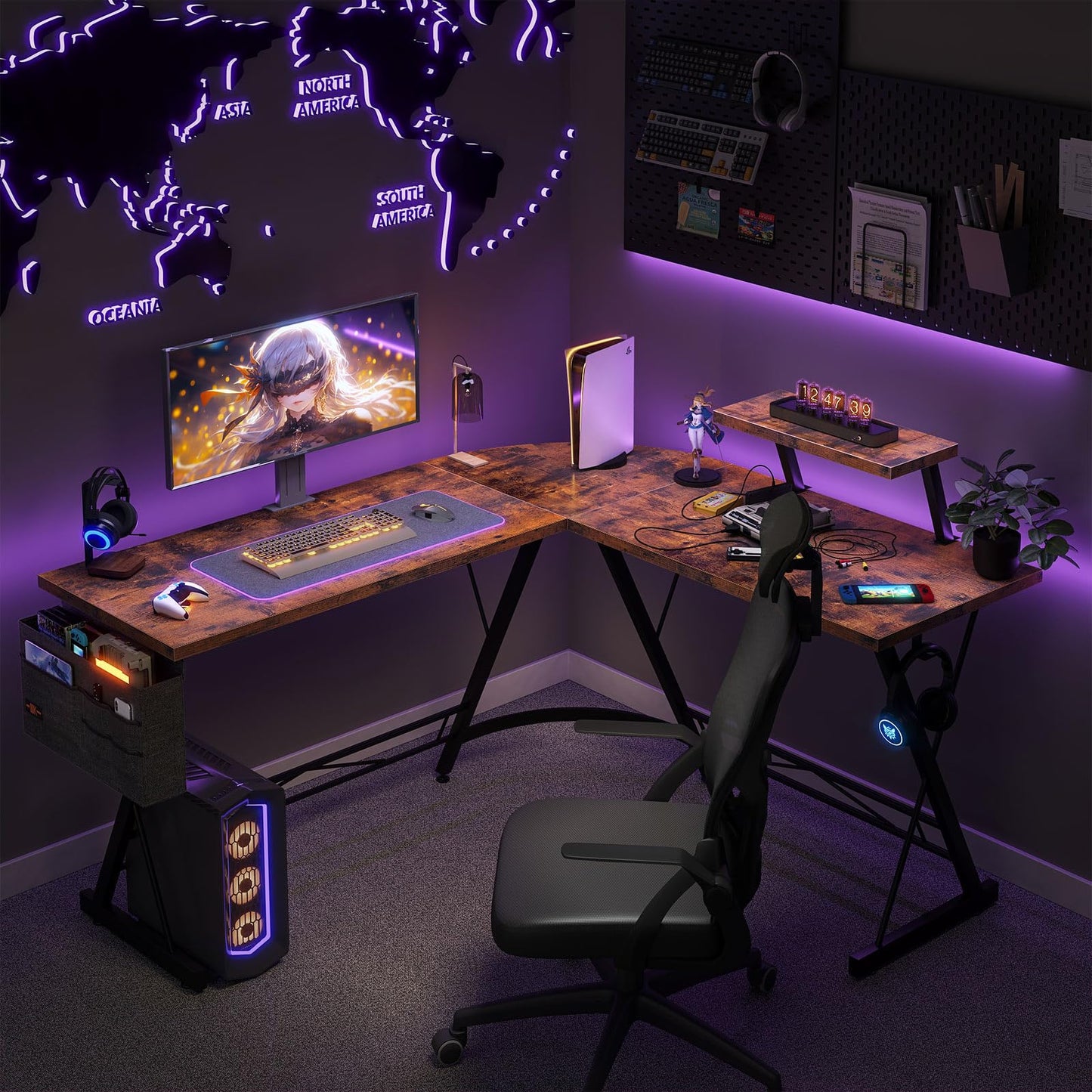 ODK Gaming Tisch, Gaming Schreibtisch Eckschreibtisch für Gamer, Schreibtisch L Form mit Monitorständer für Büro (Schwarz, 127 x 127 cm)
