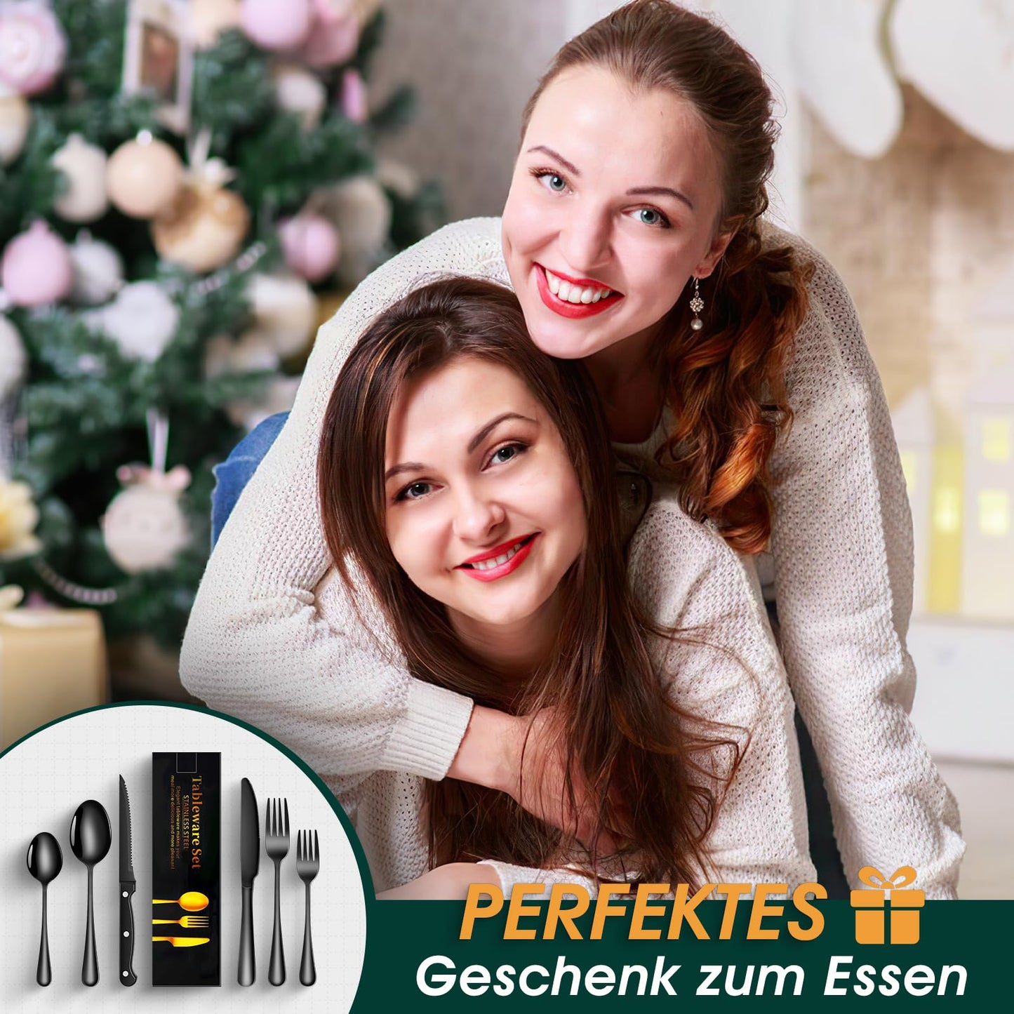 TAN REN Besteck Set Schwarz 6 Personen, 36-Teiliges Edelstahl Besteckset Schwarz mit Steakmesser, Elegantes Essbesteck mit Messer Gabel Löffel, Tafelbesteck für Küche/Restaurant