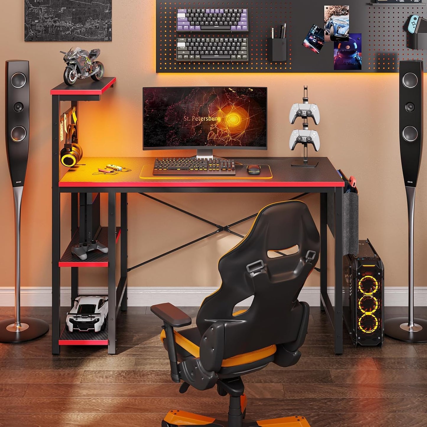 Bestier 113CM Eck-Computertisch mit Steckdosen Computertisch mit LED-Leuchten Umkehrbarer Schreibtisch mit Seitentasche Aufbewahrungstasche & Zubehöraufhänger für Home Office Small Space Weiß