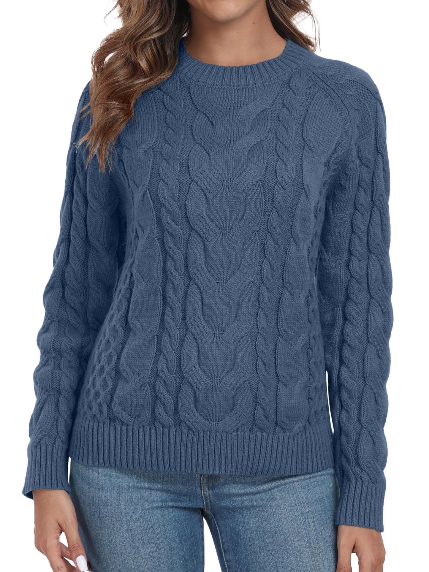 QIXING Women's Cable Knit Sweater – Elegant Long Sleeve Round Neck Winter Pullover