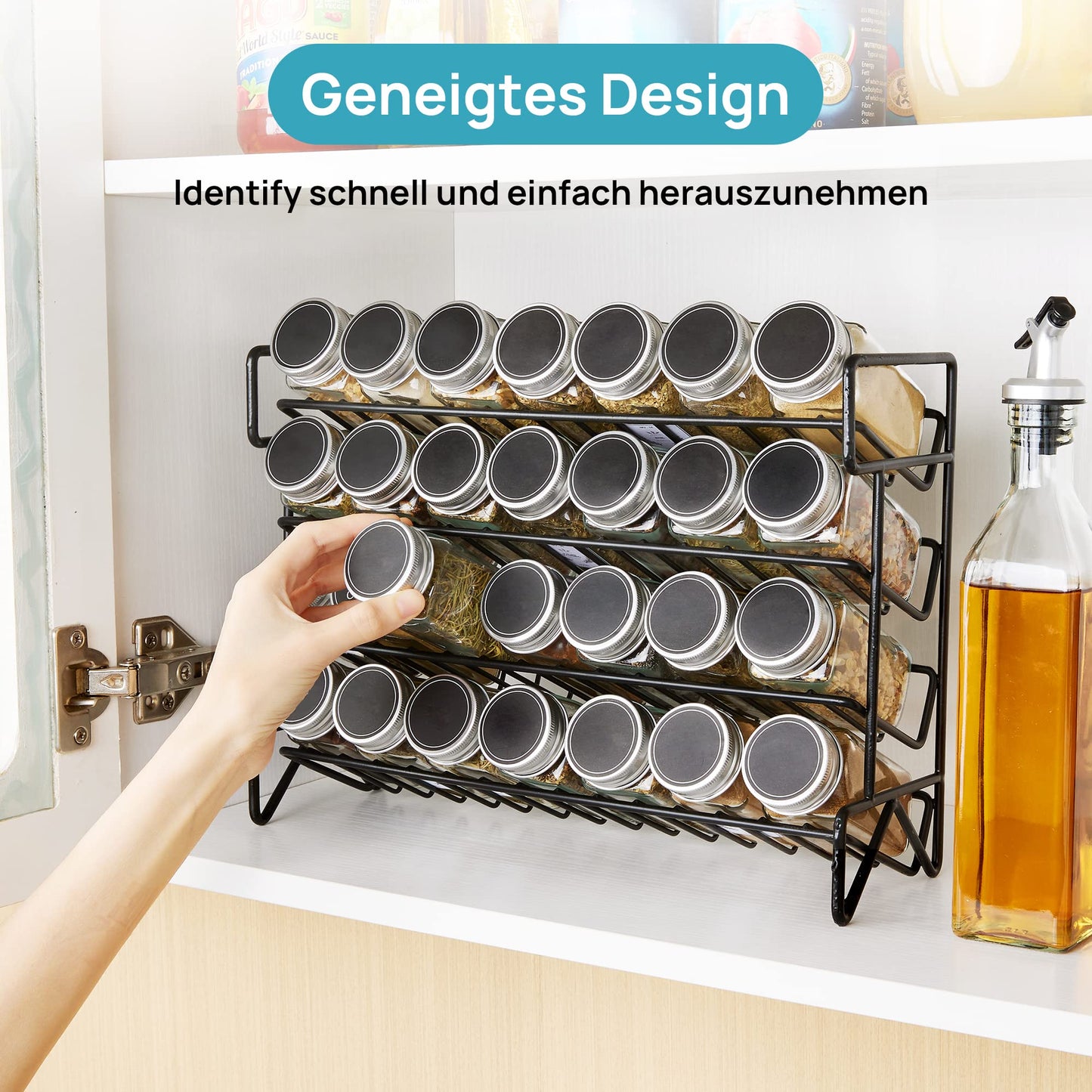 Vtopmart 4-stöckiges Gewürzregal Stehend, 28 Leere Gewürzgläser mit Gestell und 432 Gewürzetiketten, Gewürz-Organizer für Küchen, Schrank, Speisekammer, Schrank, Arbeitsplatte