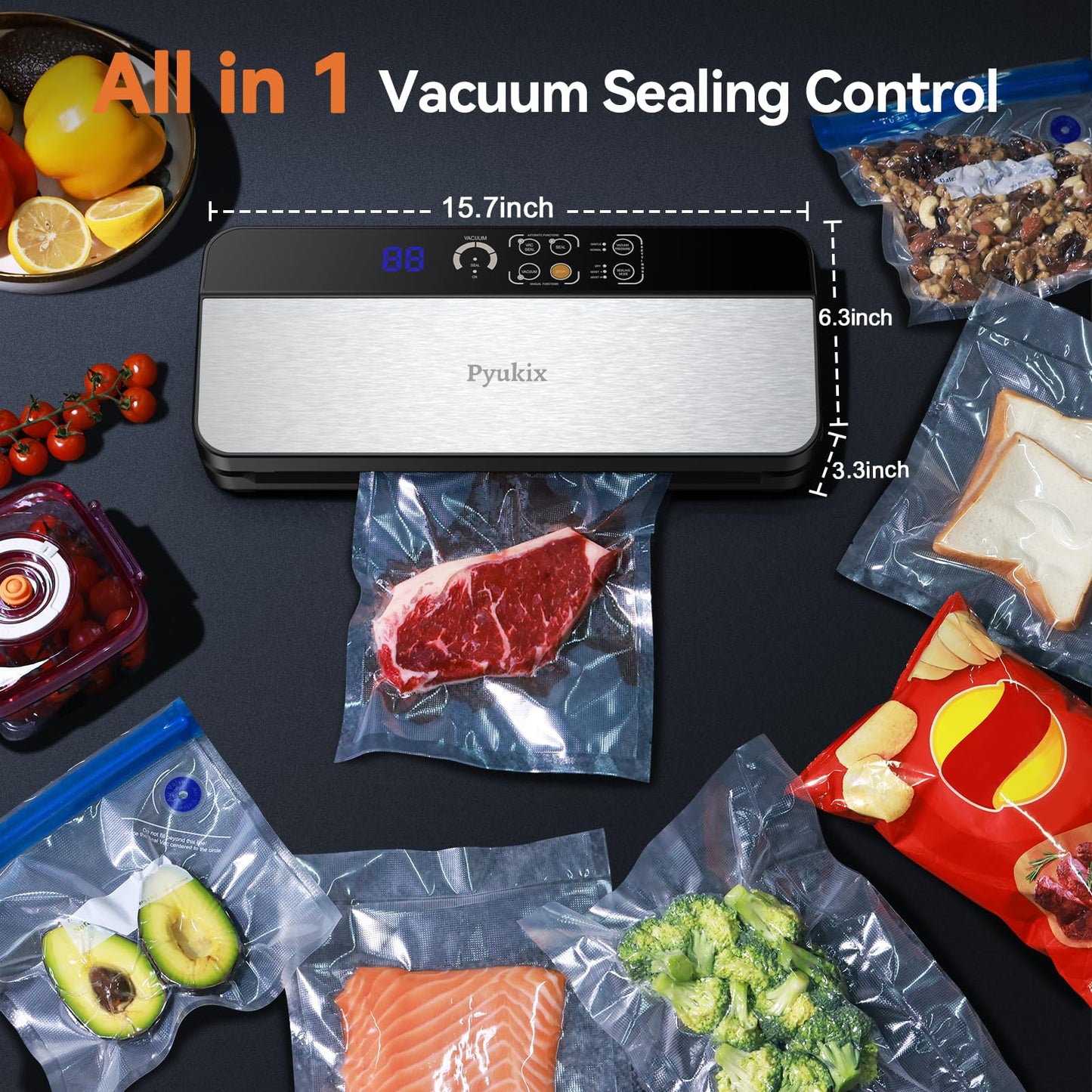 Vakuumiergerät, 8-in-1 Vakuumierer 80 KPA Lebensmittel Trocken-/Feuchtmodus mit eingebautem Cutter und Beutelaufbewahrung, Luftsaugschlauch, digitalem Countdown, Beutelrolle, 11 Vakuumbeutel