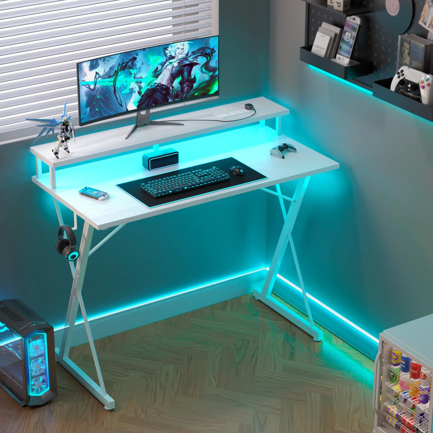 BEXEVUE Gaming Schreibtisch mit Steckdosenleiste LED – 100x50 cm Ergonomic Computer Gamer Tisch, Großer PC Monitorständer, Moderner X Rahmen, Kopfhörerhaken, Studium Arbeit Zuhause Schlafzimmer