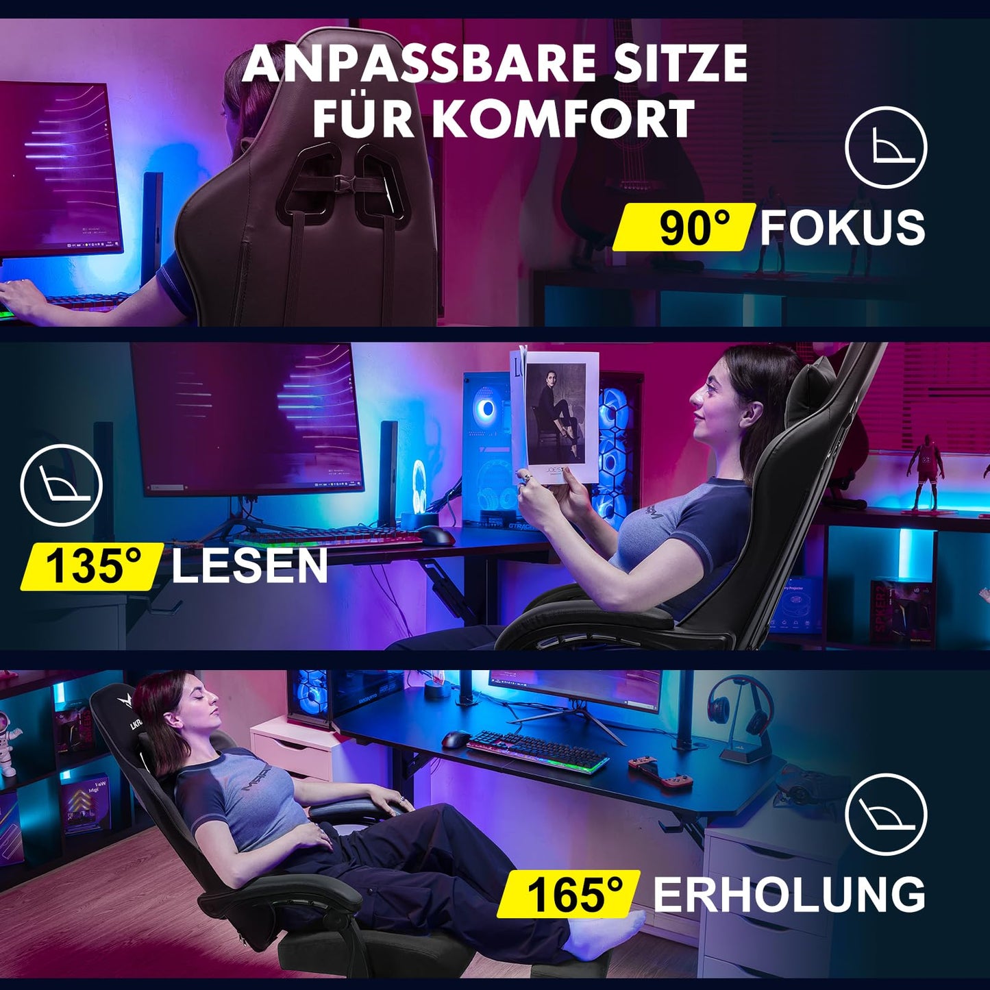 LUCKRACER Gaming Stuhl mit fußstütze Bürostuhl Ergonomisch mit verstellbare Lendenkissen, Kopfkissen Gaming Chair,Höhenverstellbarer Gamer Stuhl, 150 kg Belastbarkeit Grau