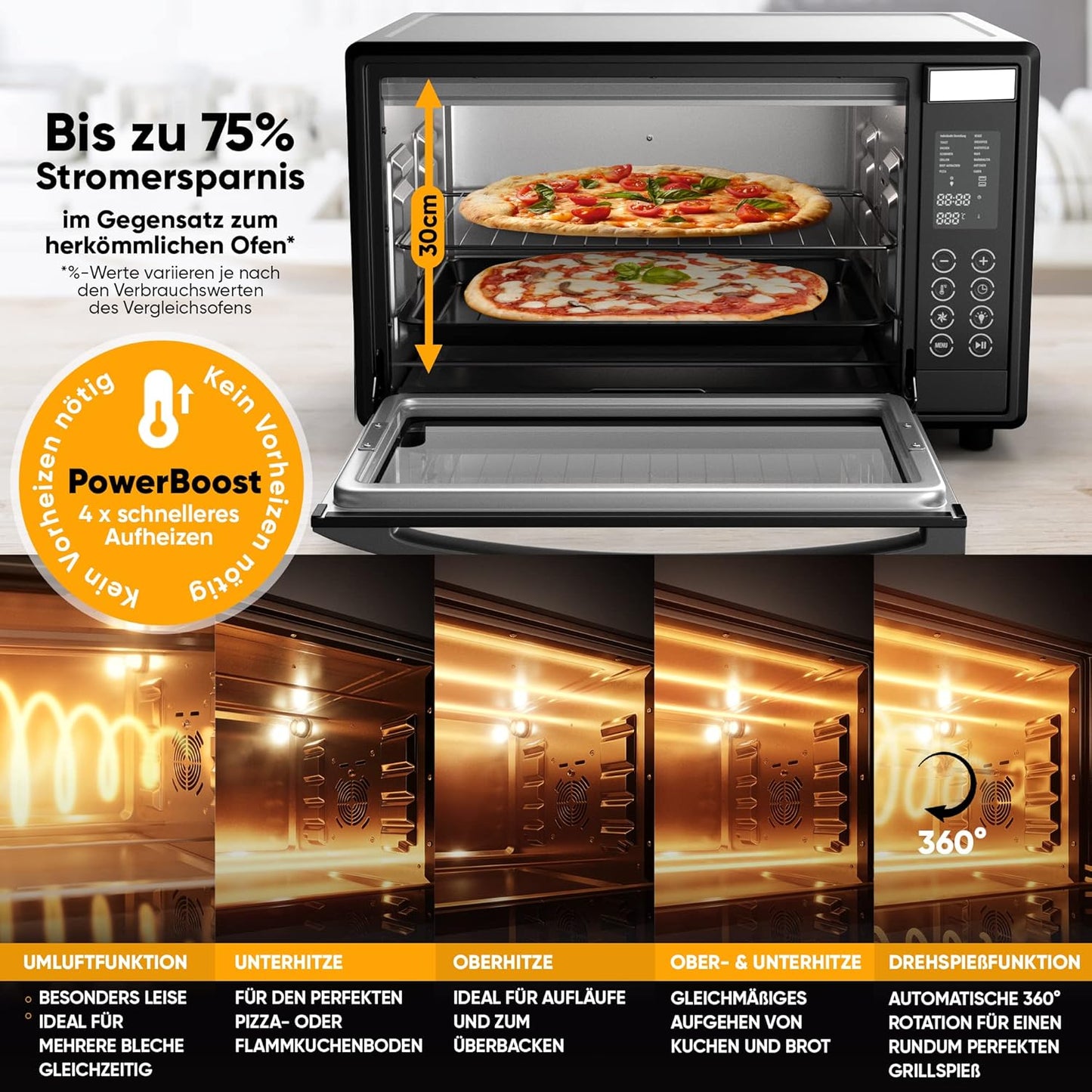 Digital mini oven with convection (45 litres) oven gloves ✓ Recipe book ✓ Double glass door ✓ 2000W ✓ LED display ✓ 13 programmes ✓ Rotary spit ✓ Crumb plate ✓ Timer ✓ Interior lighting