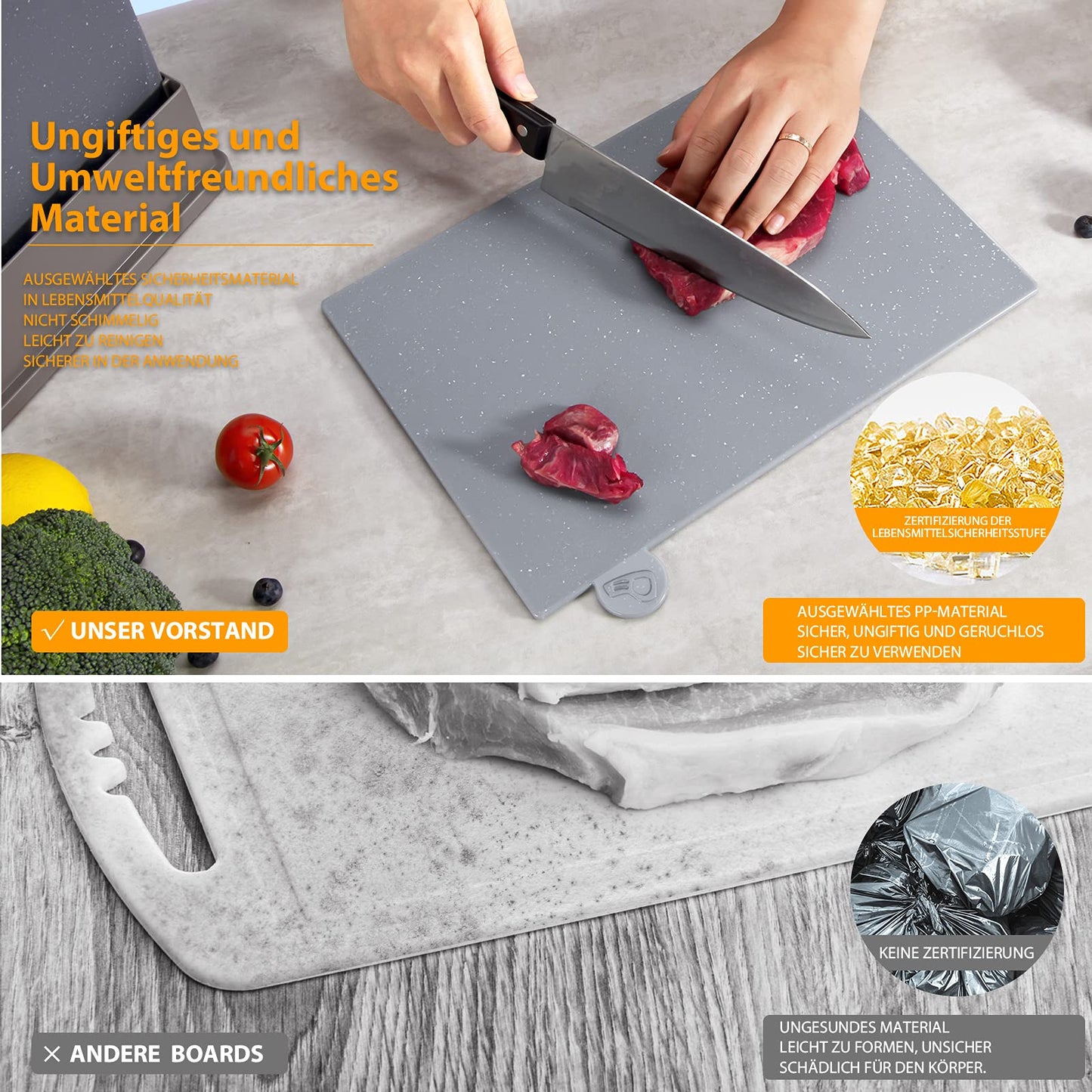 Myiosus Schneidebrett Kunststoff, 4 Stück Schneidebrett mit Griff, Rutschfest Schneidebretter für die Küche, Flexibel Schneidebrett Set mit Ständer für Gemüse, Fleisch, Obst, BPA-frei, 37.6 x 25.8cm