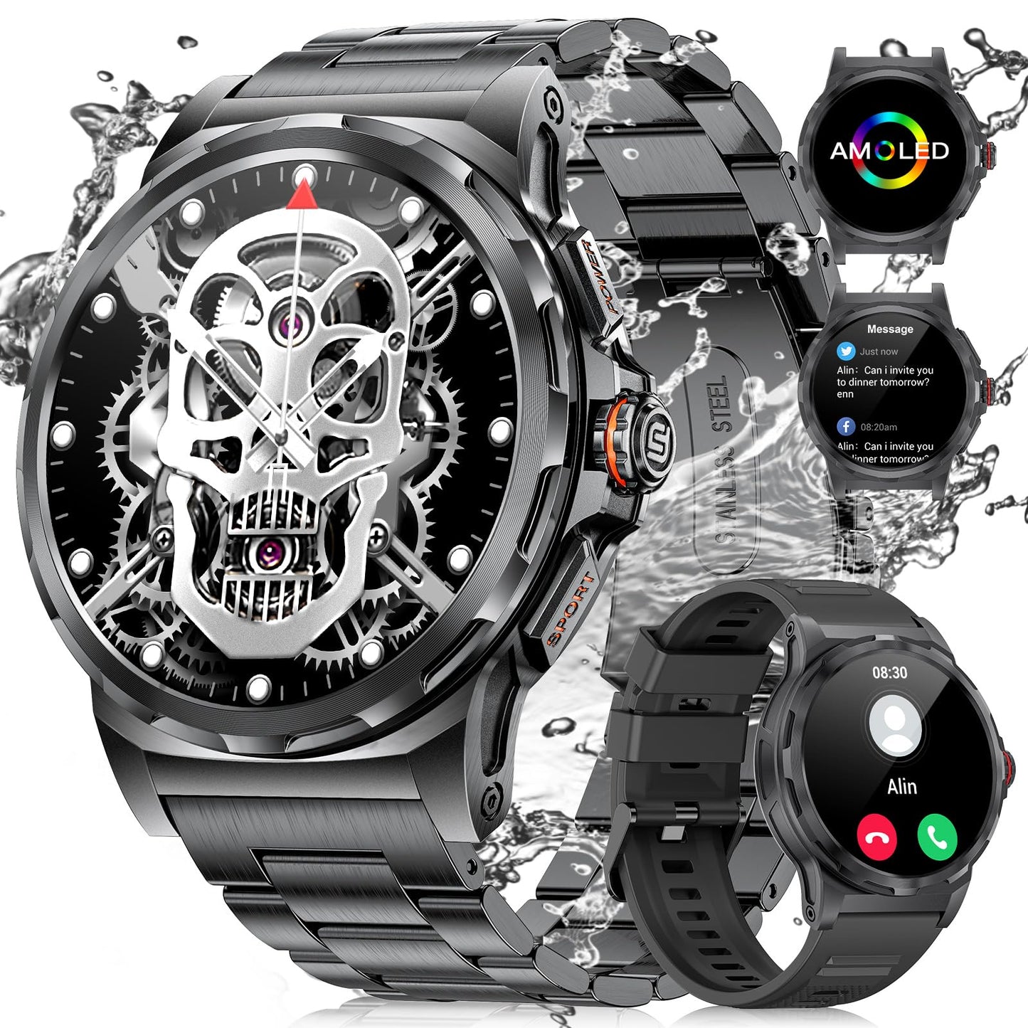 LIGE Militär Smartwatch Herren mit Telefonfunktion, 3 Armbänders, 1,43''AMOLED-Smartwatch mit Herzfrequenz, SpO2, Schlafmonitor, 5ATM Wasserdicht/120+ Sportmodi Outdoor Sportuhr für Android iOS